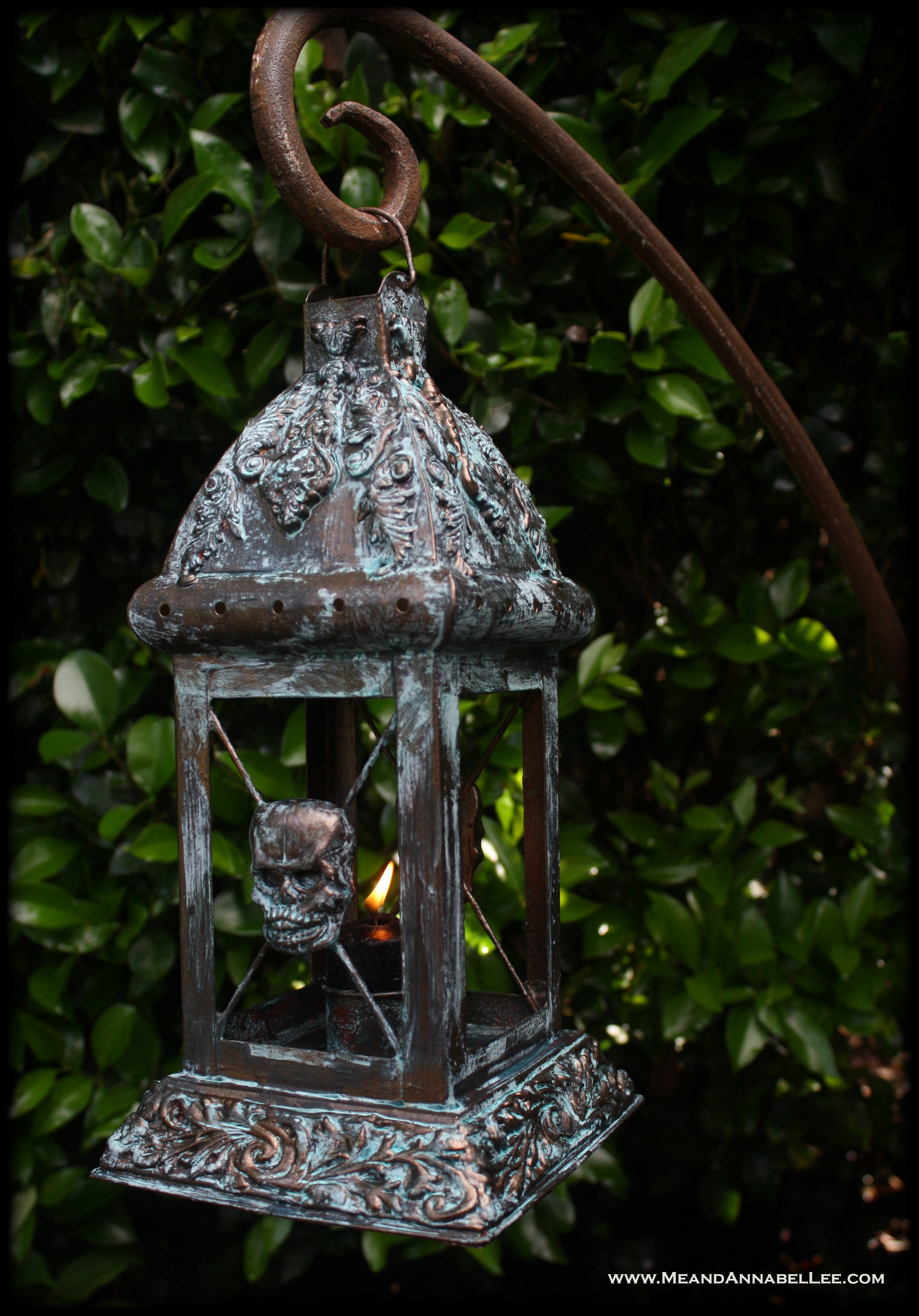 DIY Patina Gothic Skull Lantern | Gothic Garden | Metal Effects Bronze and Blue Patina | Goth Home Decor | www.MeandAnnabelLee.com