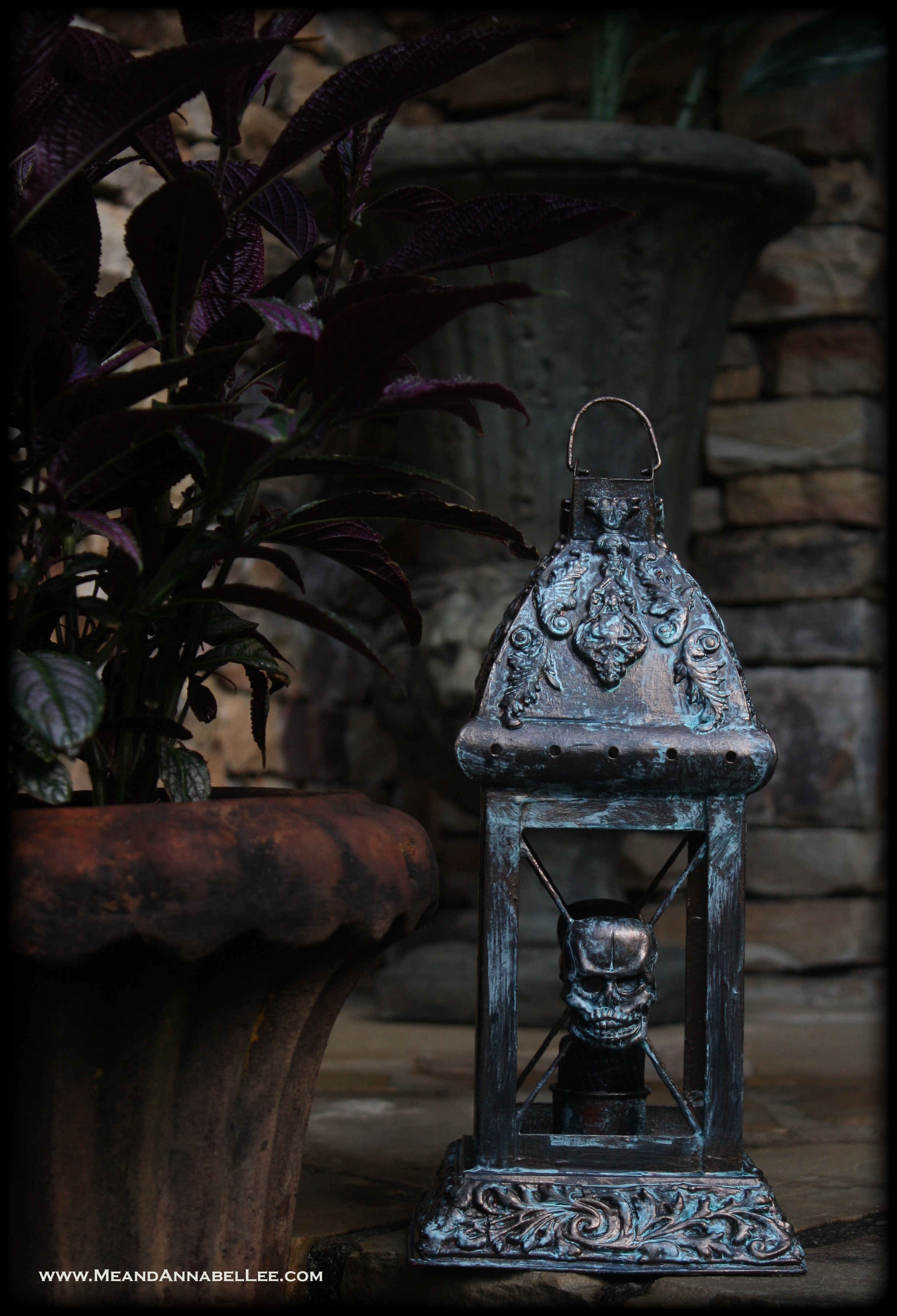 DIY Patina Gothic Skull Lantern | How to Oxidize Metal | Faux Painting | Blue Patina Aging Solution | Paper Clay Casting | www.MeandAnnabelLee.com