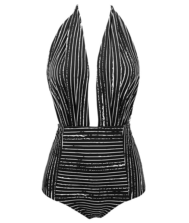 Goths in Hot Weather | 15 Must Have Swimsuits that will Rock this Summer | Swim Noir | Gothic Swimwear |Black Stripe Backless One Piece Bathing Suit | Retro | Vintage | Pinup | www.MeandAnnabelLee.com