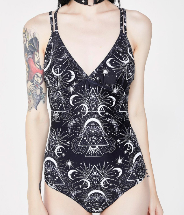 Goths in Hot Weather | 15 Must Have Swimsuits that will Rock this Summer | Swim Noir | Gothic Swimwear |Banished Cosmic One Piece | Black Bathing Suit | Occult | Pagan | Killstar | www.MeandAnnabelLee.com