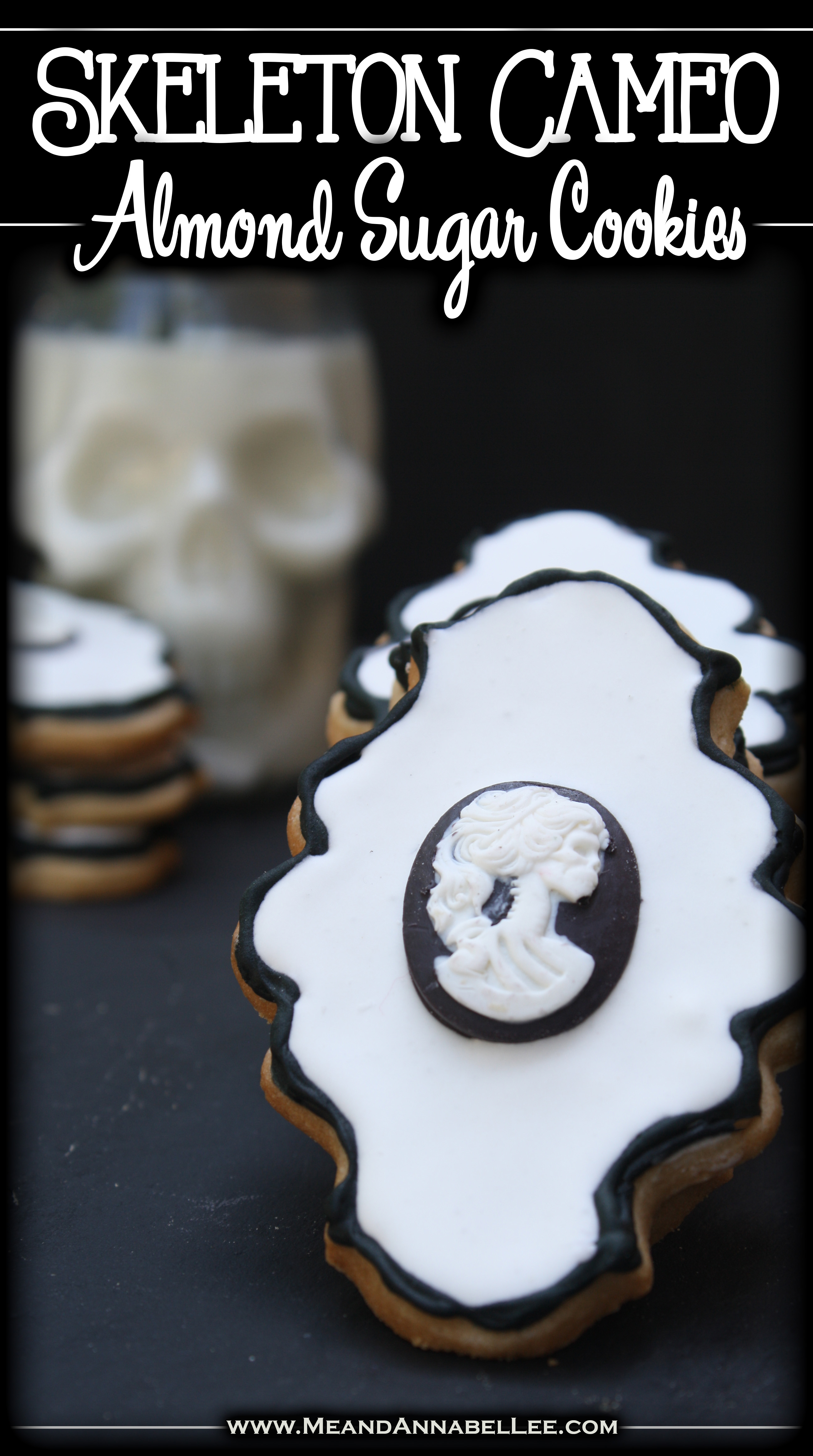 Victorian Gothic Skeleton Cameo Cookies | Black & White | Almond Vanilla Sugar Cookies | Chocolate Cameo | Royal Icing | Frame Cookie Cutters | Halloween Treats | www.MeandAnnabelLee.com