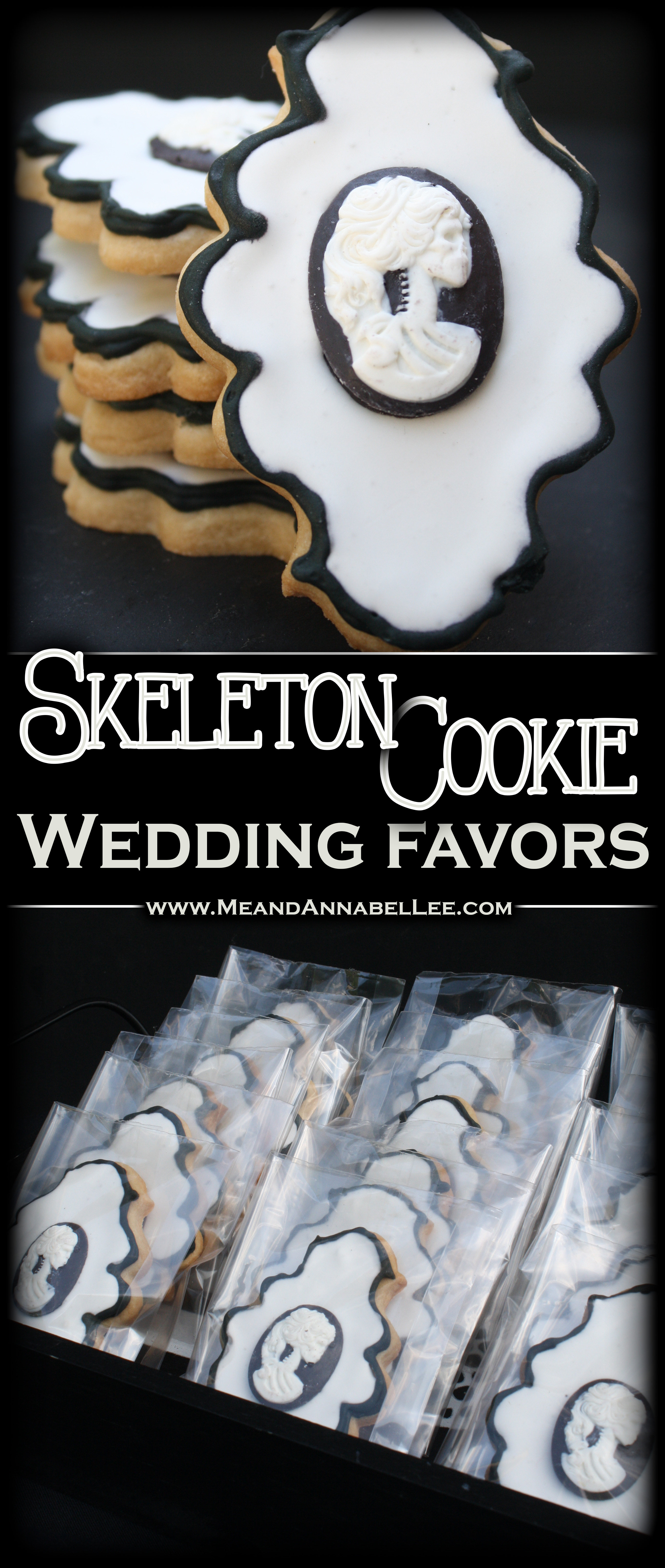 Victorian Gothic Skeleton Cameo Cookies | Edible Wedding Favors | Black & White | Halloween Wedding | Almond Vanilla Sugar Cookies | Chocolate Cameo | Royal Icing | www.MeandAnnabelLee.com