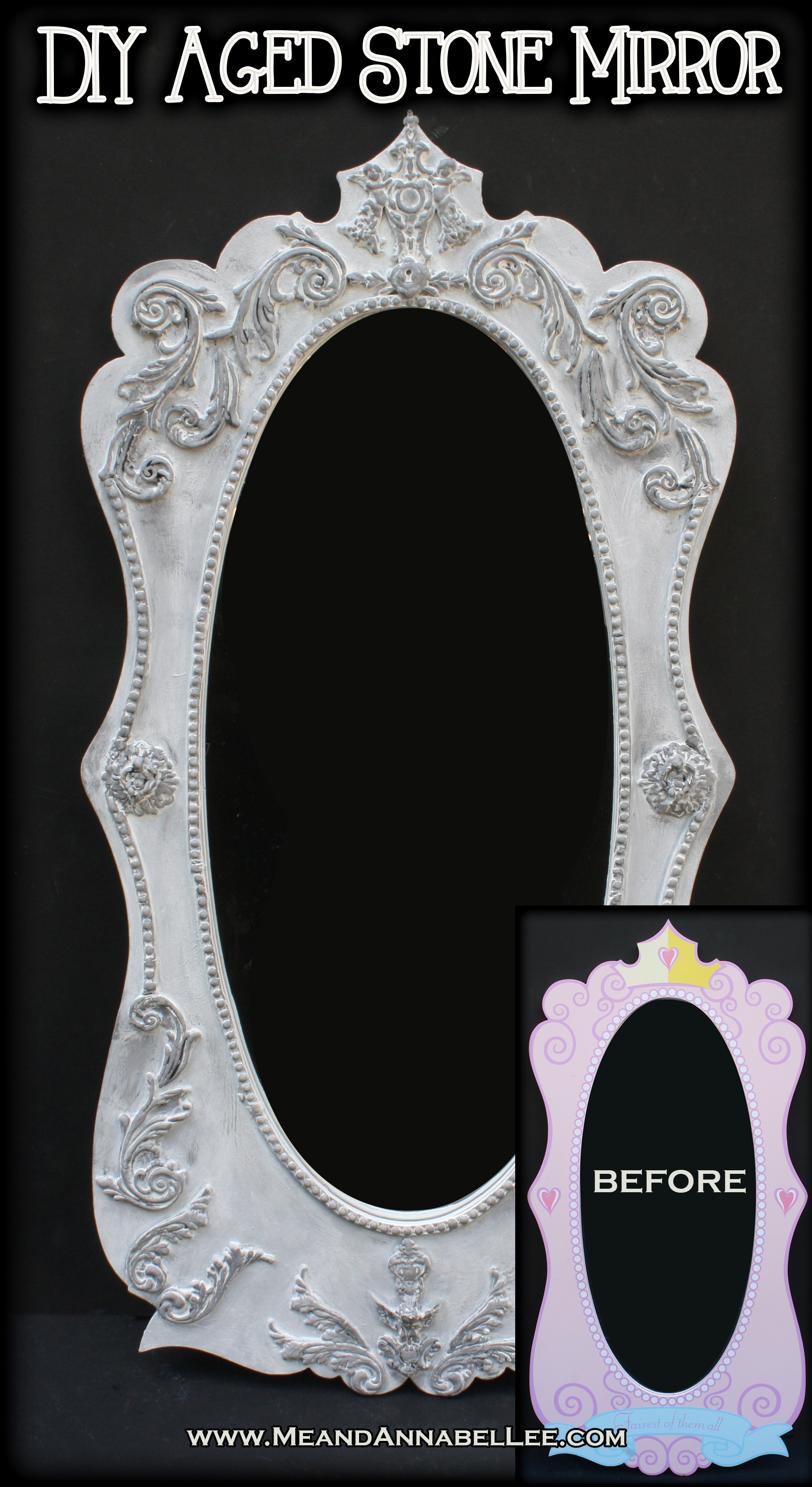 DIY Baroque Mirror in a Weathered Stone Grey Antique Finish | Distress and Antique a Frame | Paper Clay Casting | Faux Paint | Iron Orchid Molds | White Gesso | www.MeandAnnabelLee.com