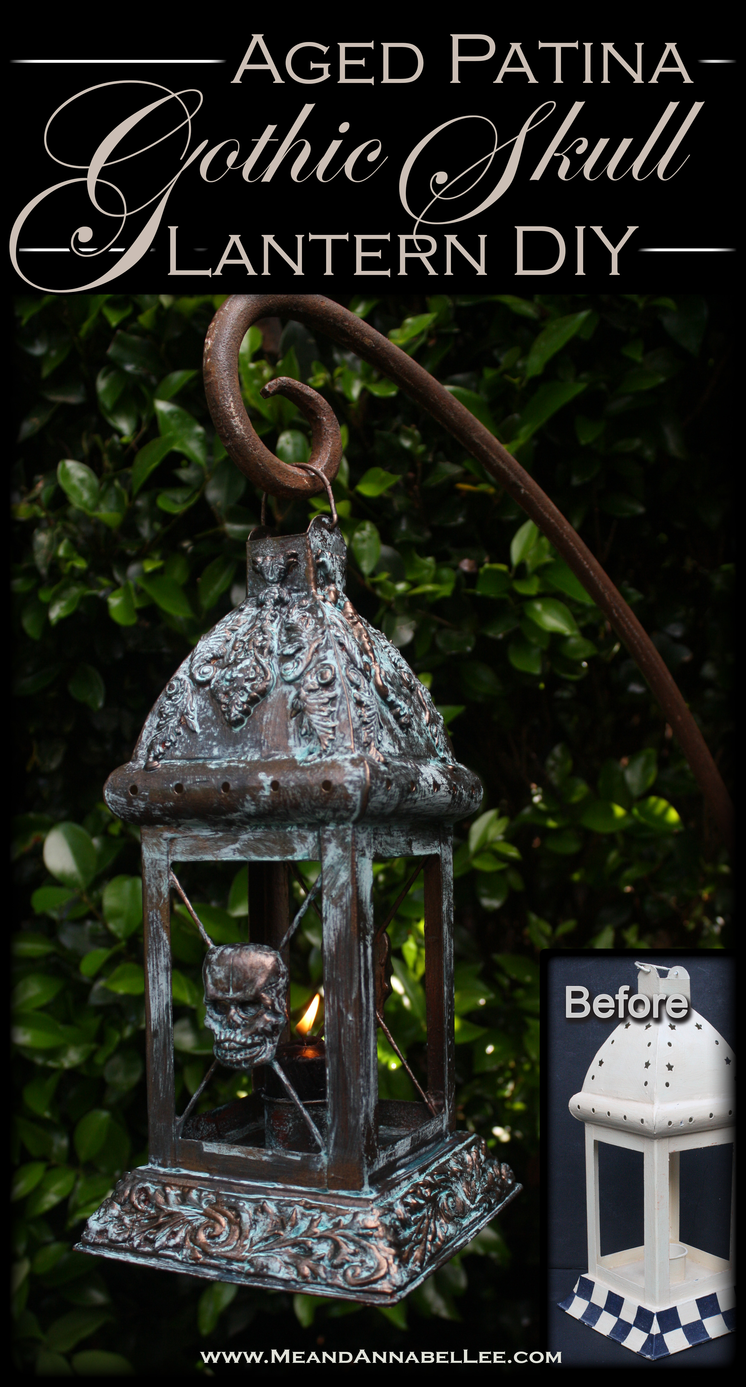 DIY Patina Gothic Skull Lantern | Gothic Garden | How to Oxidize & Age Metal | Metal Effects Bronze and Blue Patina | Paper Clay Casting | Faux Finishing | Goth Home Decor | Gothic Homemaking | Iron Orchid Designs | www.MeandAnnabelLee.com