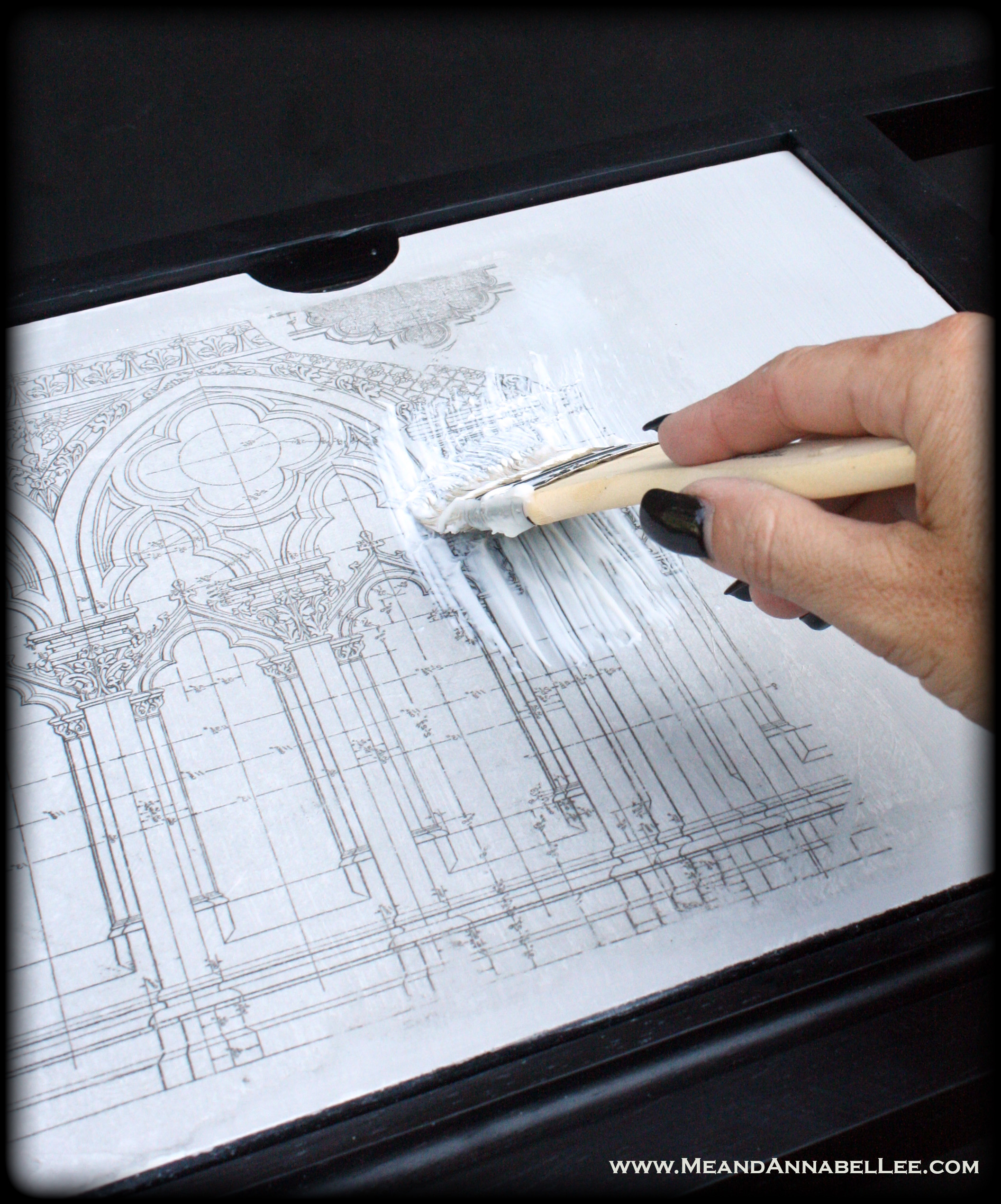 Tissue Paper Image Transfer | Graphics Fairy Gothic Arches | Liquitex Matte Gel | www.MeandAnnabelLee.com
