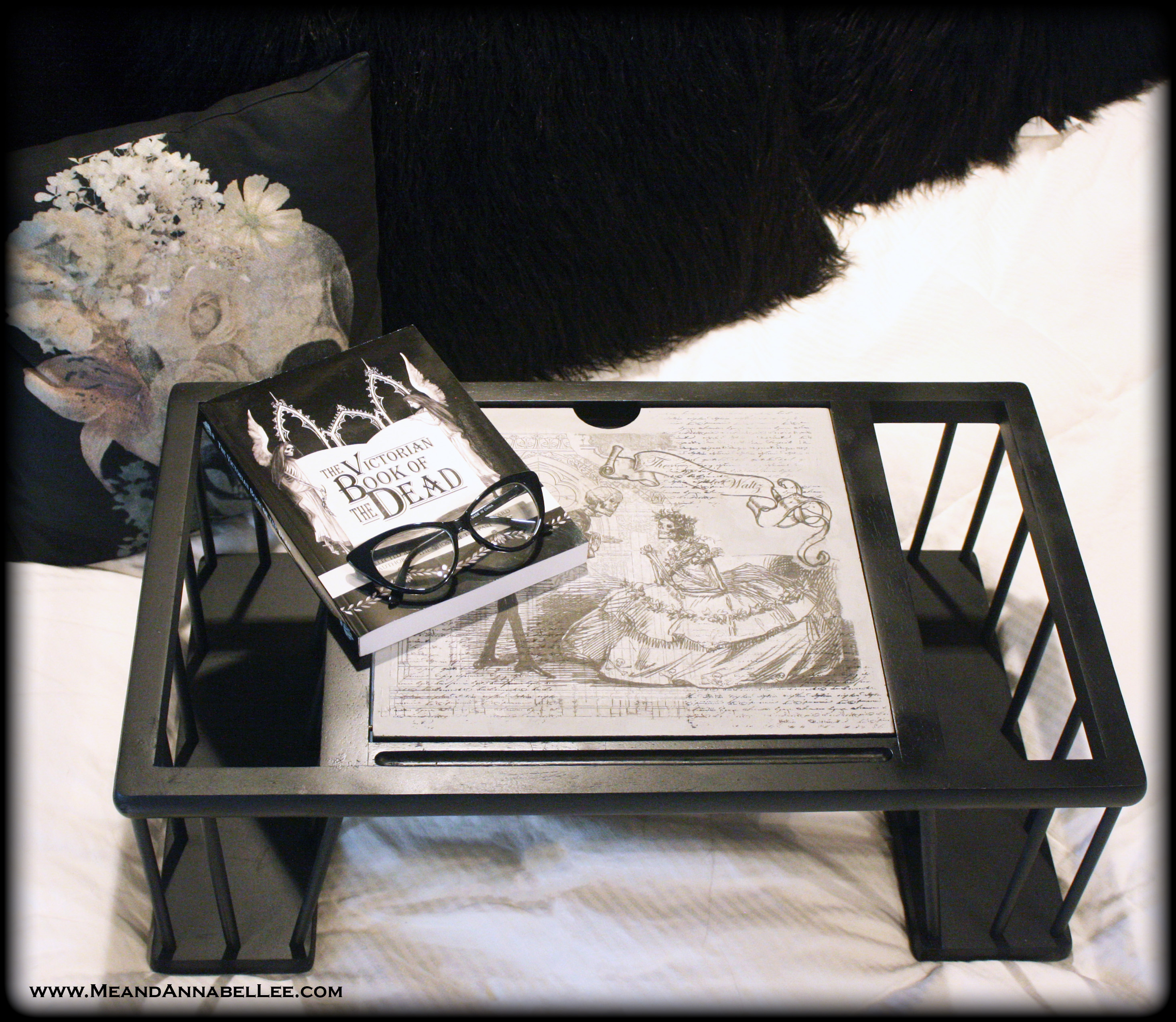 DIY Victorian Gothic Bed Tray | Tissue Paper Image Transfer | Arsenic Waltz Skeletons | www.MeandAnnabelLee.com