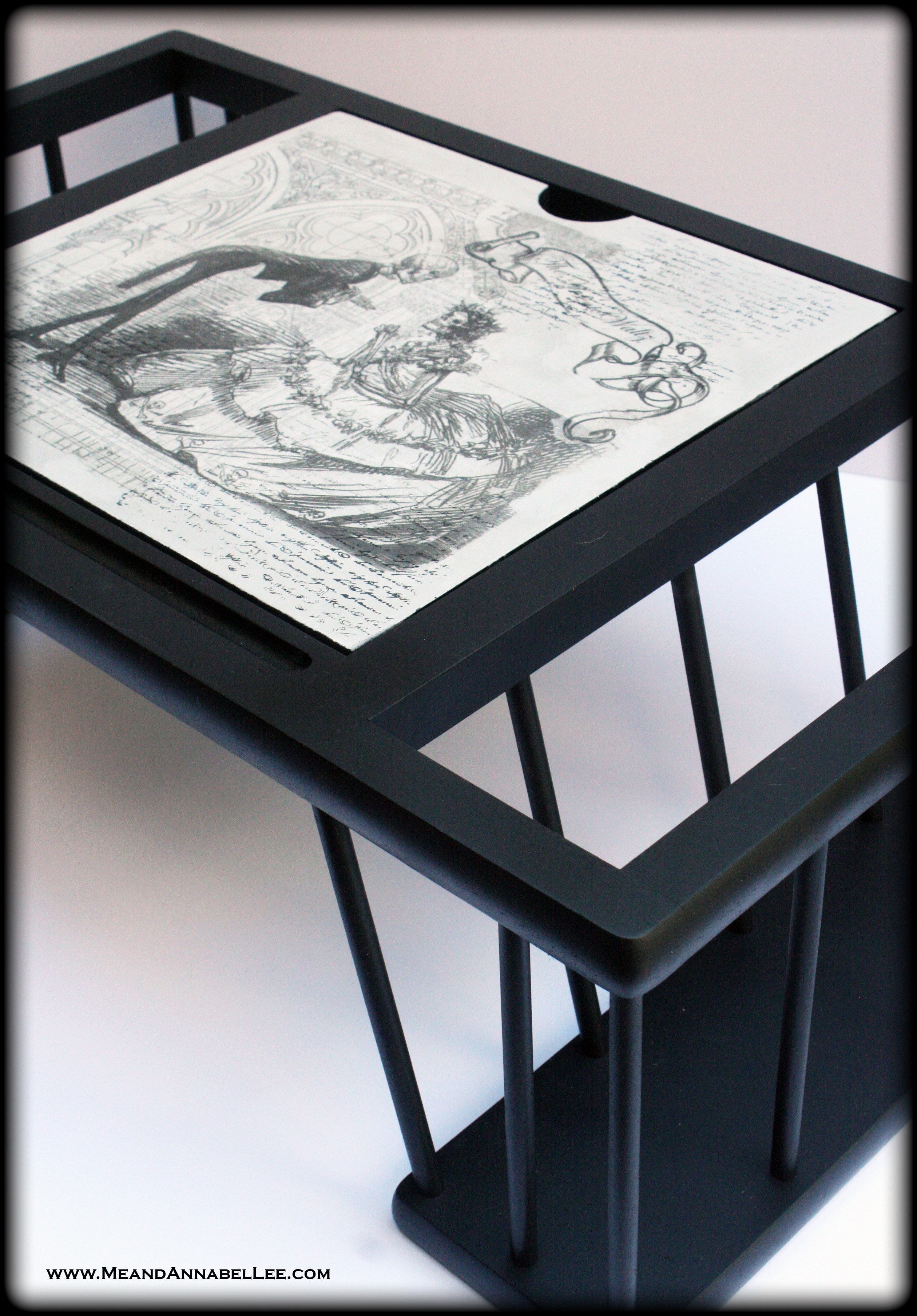 DIY Victorian Gothic Bed Tray | Arsenic Waltz Skeletons | Gothic Artwork Image transfer | www.MeandAnnabelLee.com
