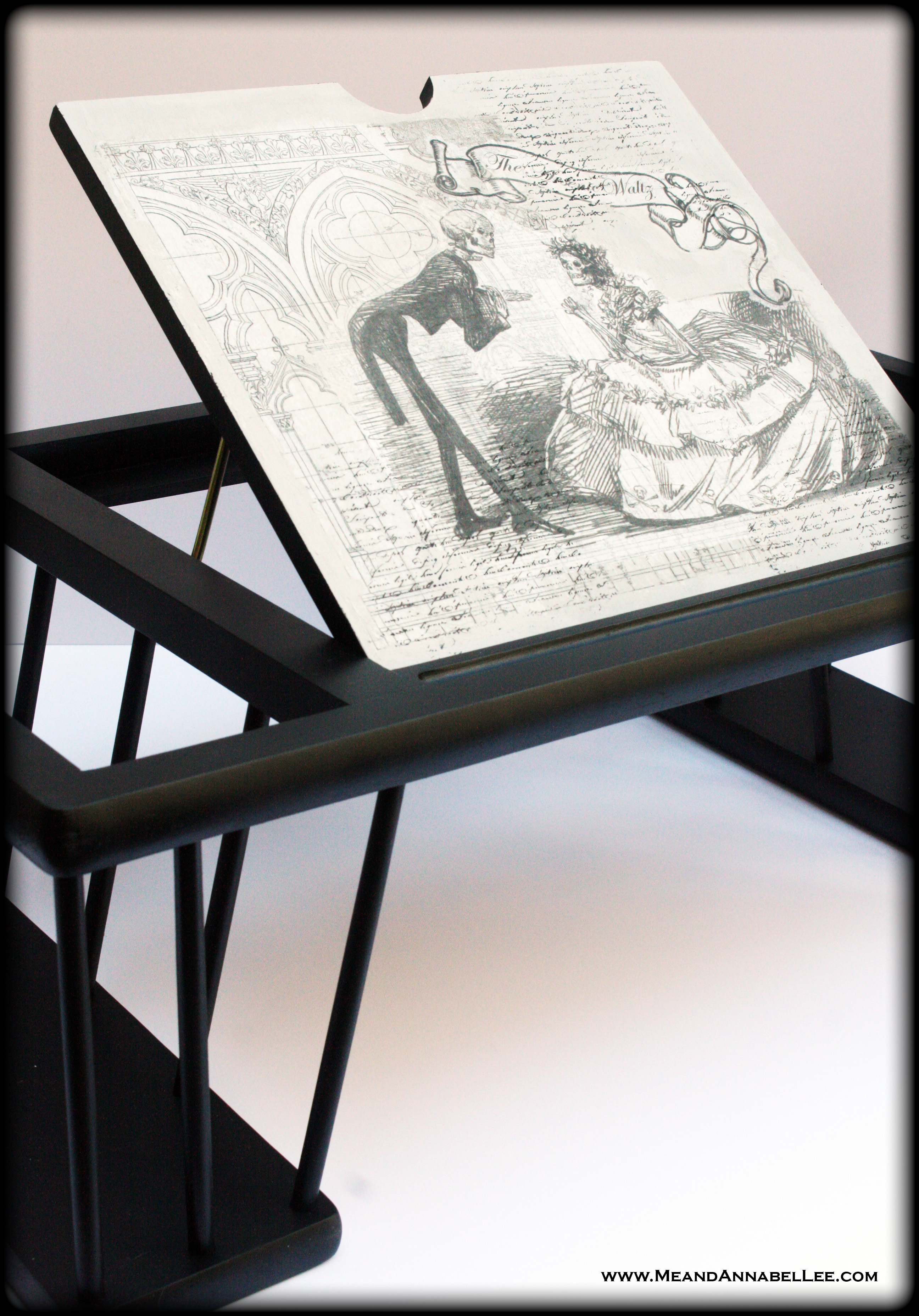 DIY Victorian Gothic Skeleton Lap Desk | Easel | Gothic Artwork Image transfer | www.MeandAnnabelLee.com