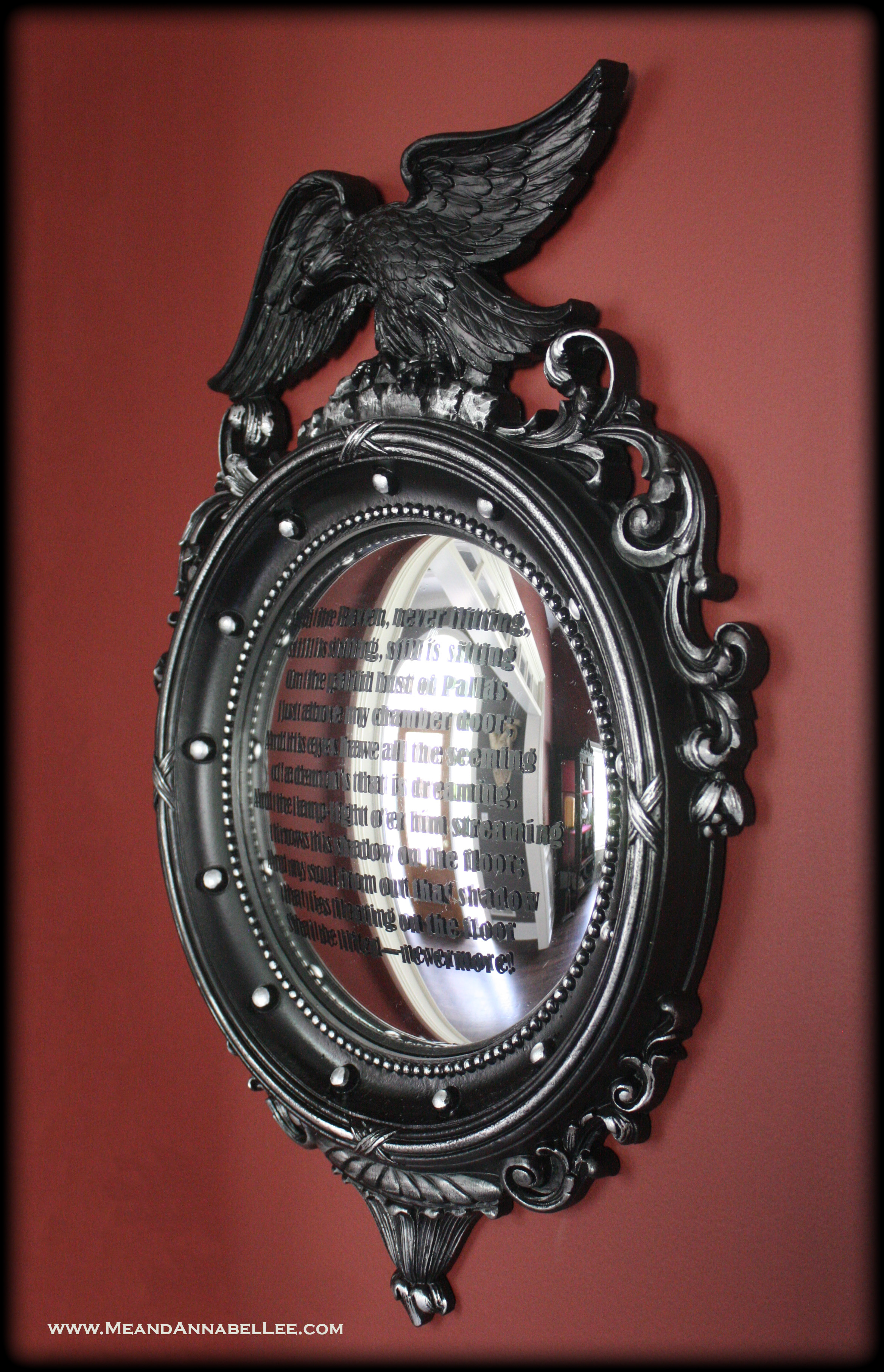 The Raven Nevermore Mirror | Edgar Allan Poe Wall Art | How to apply vinyl to a curved surface | Goth Home Decor | www.MeandAnnabelLee.com