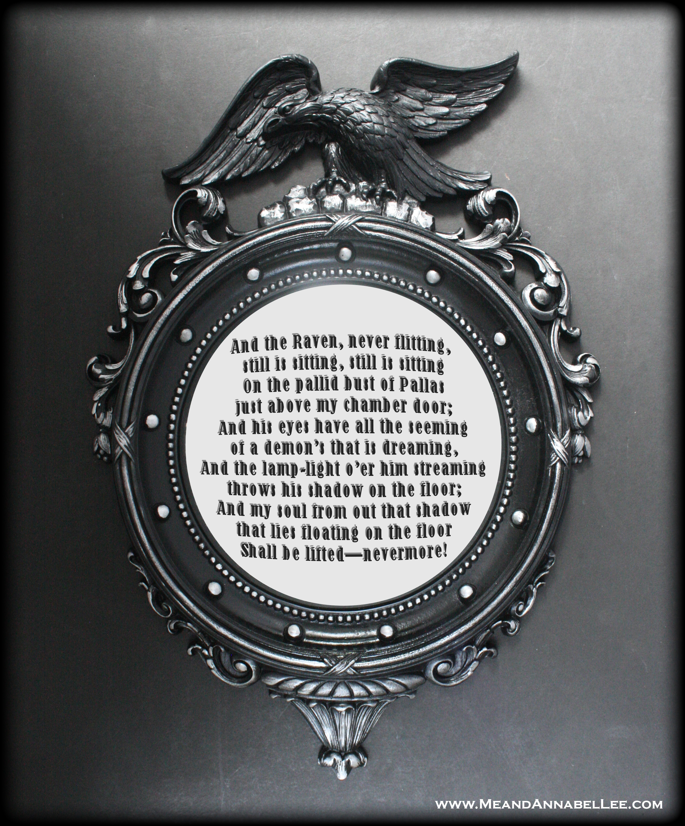 Federal Mirror Makeover | Edgar Allan Poe Wall Art | The Raven Quote | How to apply vinyl to a curved surface | Cricut Tutorial | Goth Home Decor | www.MeandAnnabelLee.com