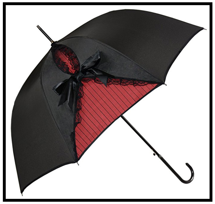 25 Must Have Gothic Summer Accessories for Goths in Hot Weather| Black & Red Satin & Lace Victorian Parasol | Windproof Umbrella | 2018 Round up | www.MeandAnnabelLee.com