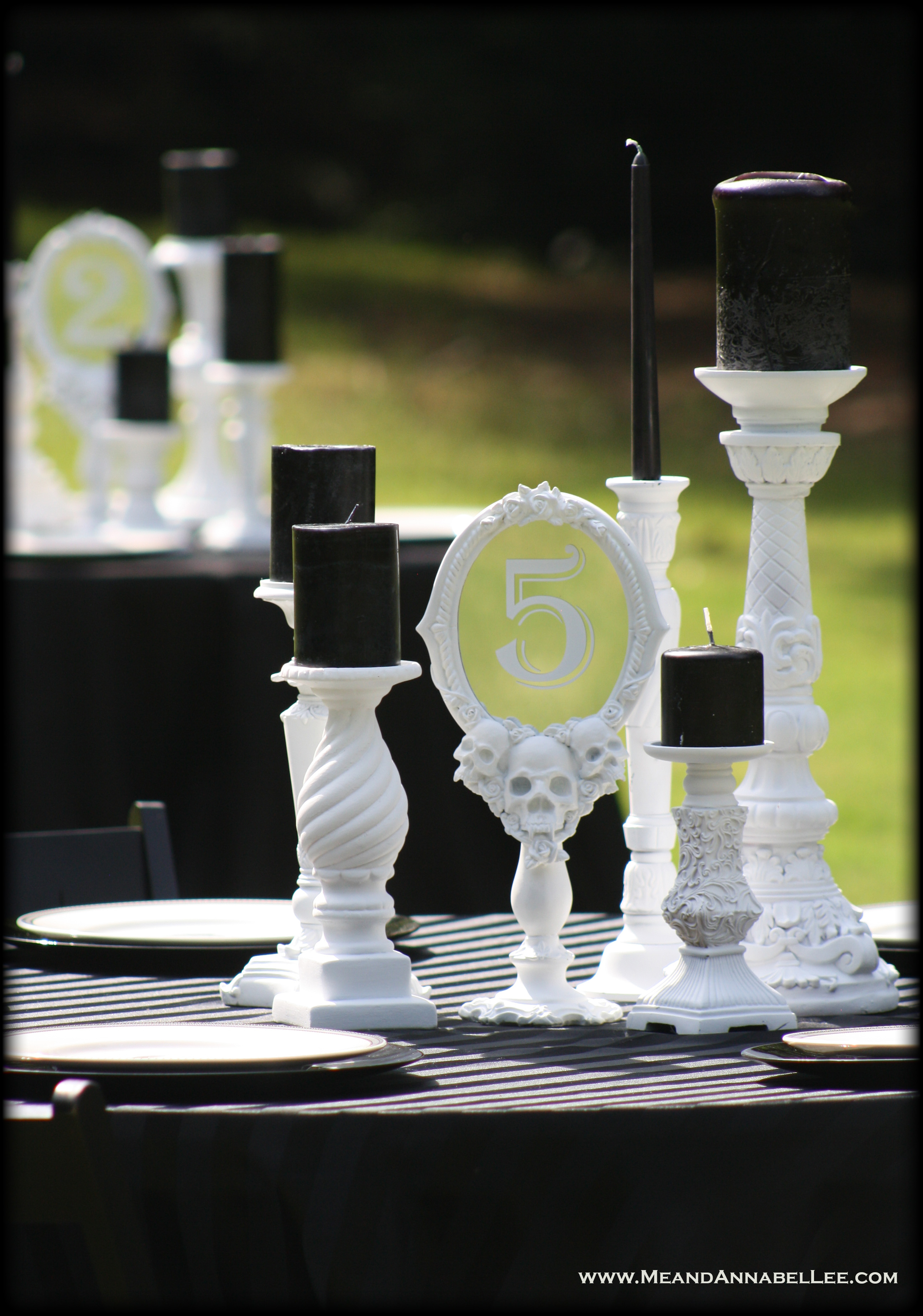 DIY White Vampire Skull Mirror Wedding Table Numbers | Gothic Reception Décor | Black & White Candle Centerpiece | How to Cut Cricut Vinyl | Halloween Nuptials | www.MeandAnnabelLee.com