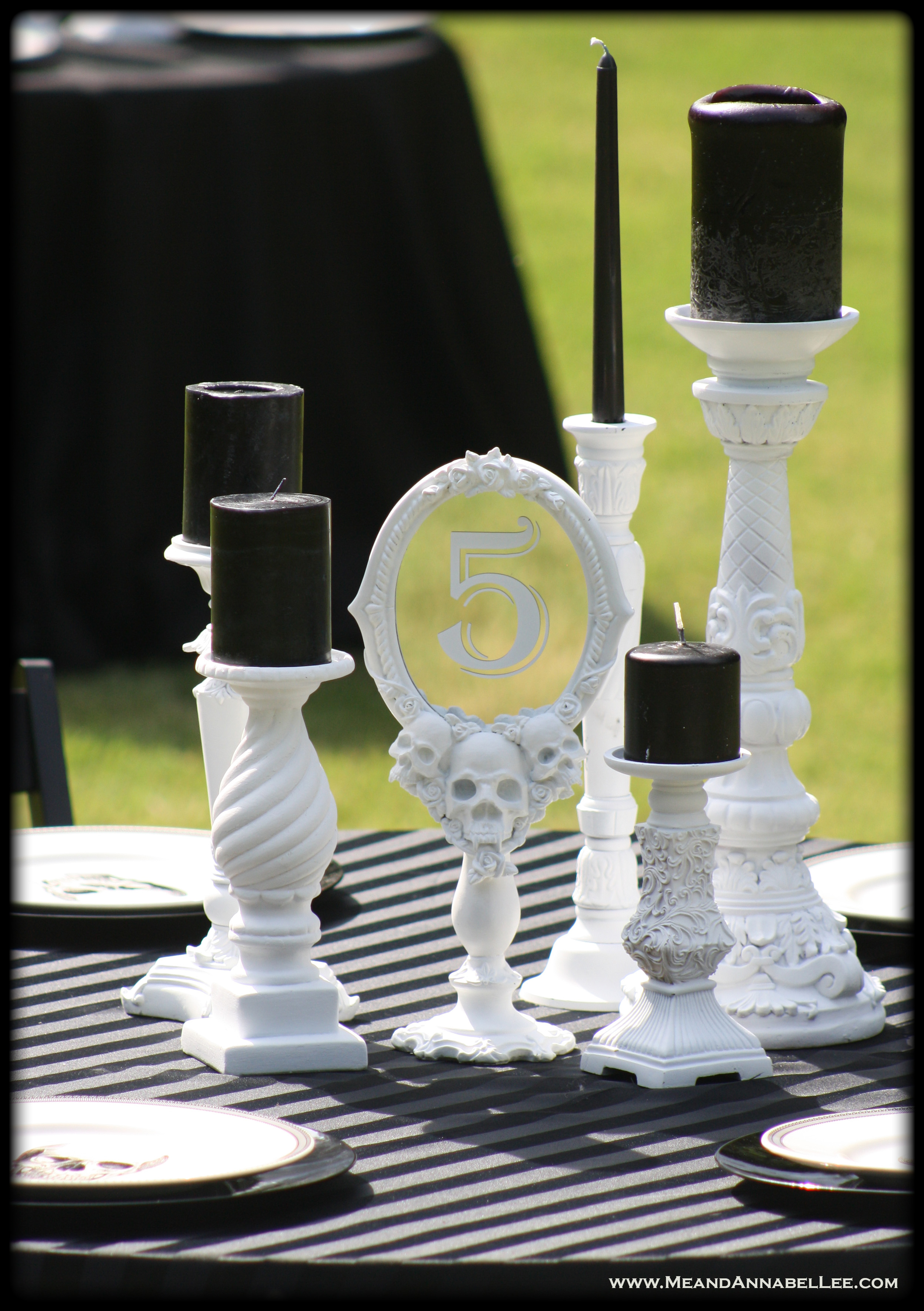 Gothic Wedding Reception | DIY Vampire Skull Table Numbers | Black & White Candle Centerpiece | Halloween Bride | Cricut Design Space Tutorial | How to Cut Vinyl Numbers | Goth Vanity Mirror | www.MeandAnnabelLee.com