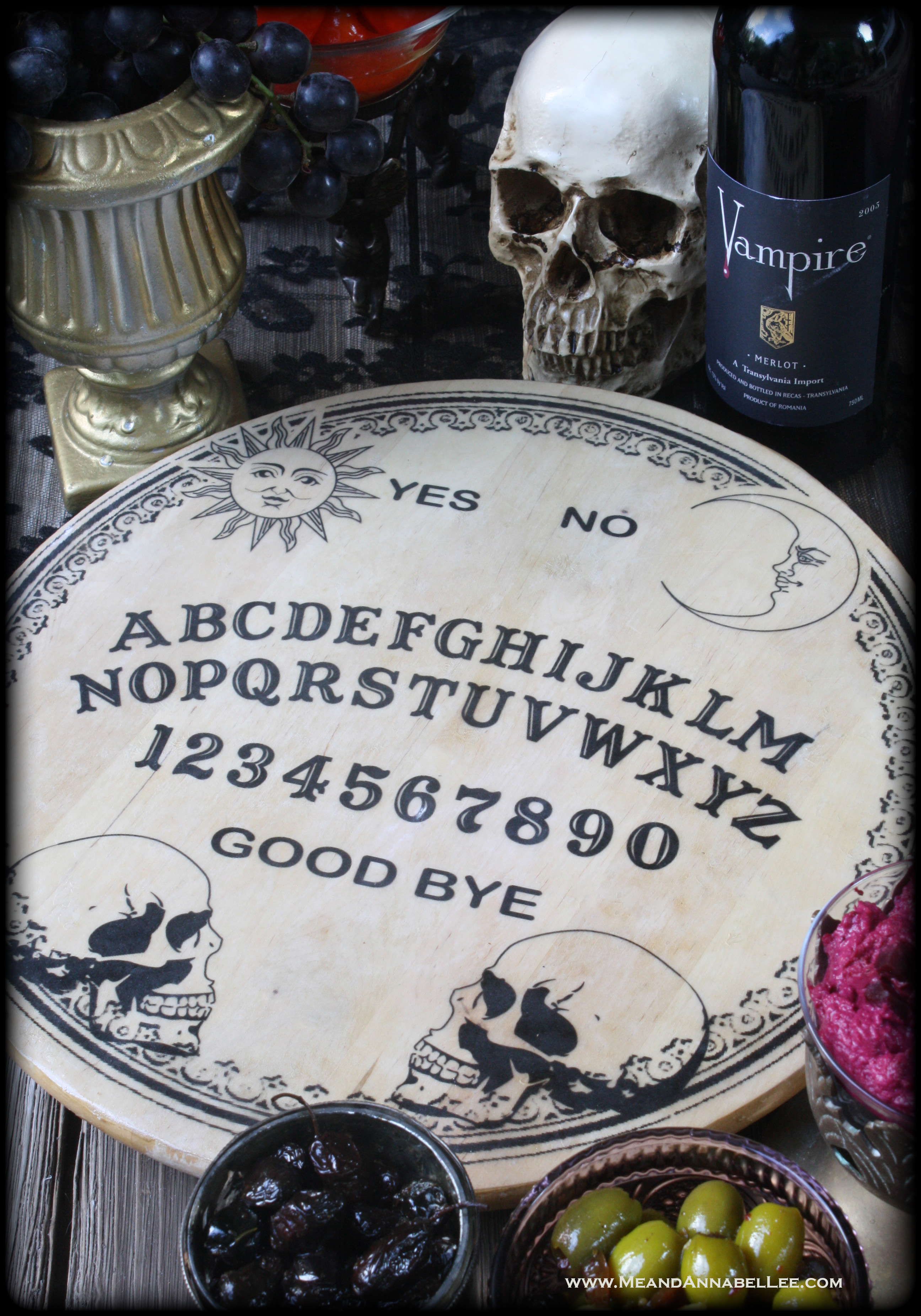 Ouija Board Lazy Susan | Transfer an Image to Wood | Skull Image | Halloween Crafts | www.MeandAnnabelLee.com