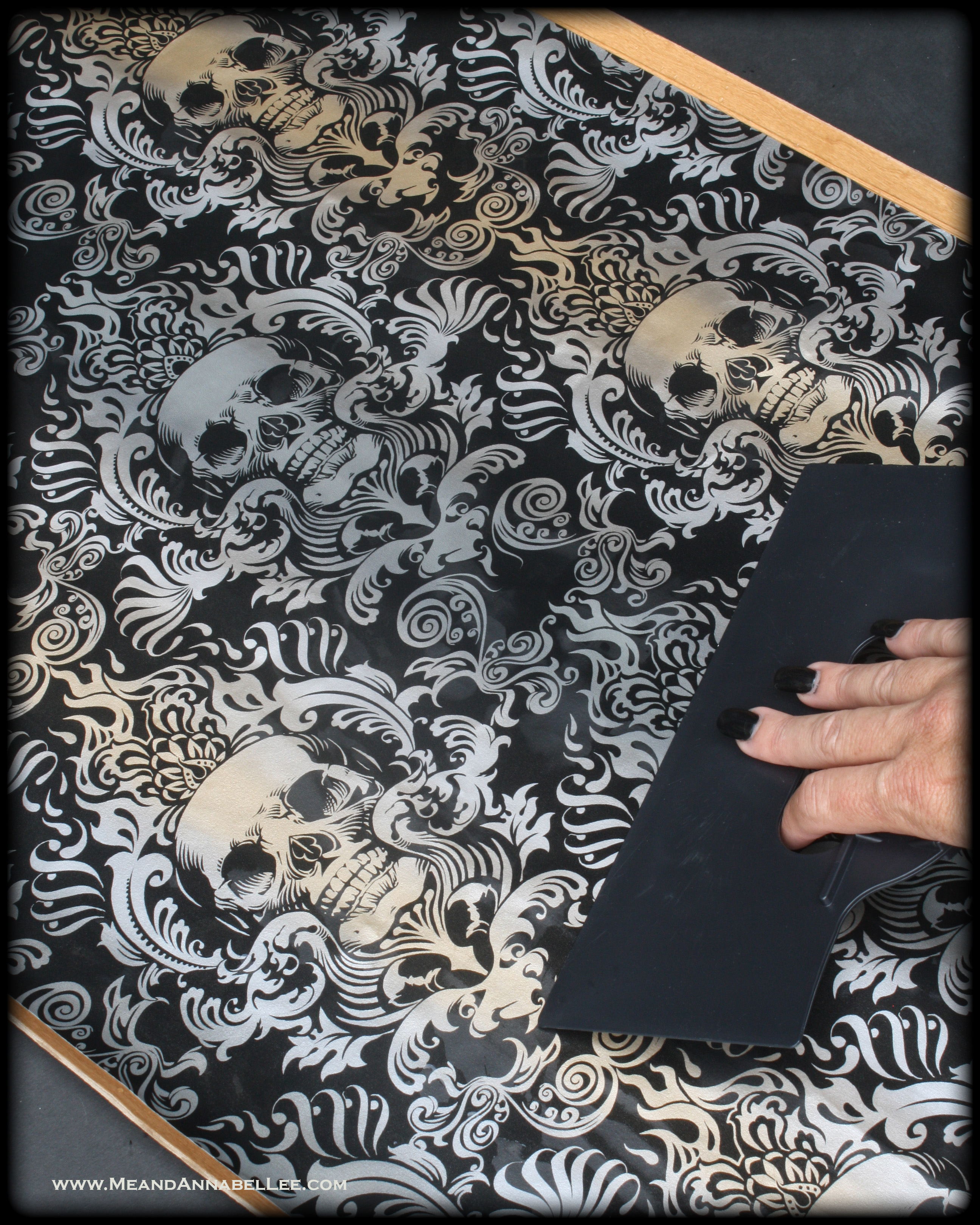 Black & Gold Skull Wallpaper | How to Apply to a Book Case | www.MeandAnnabelLee.com