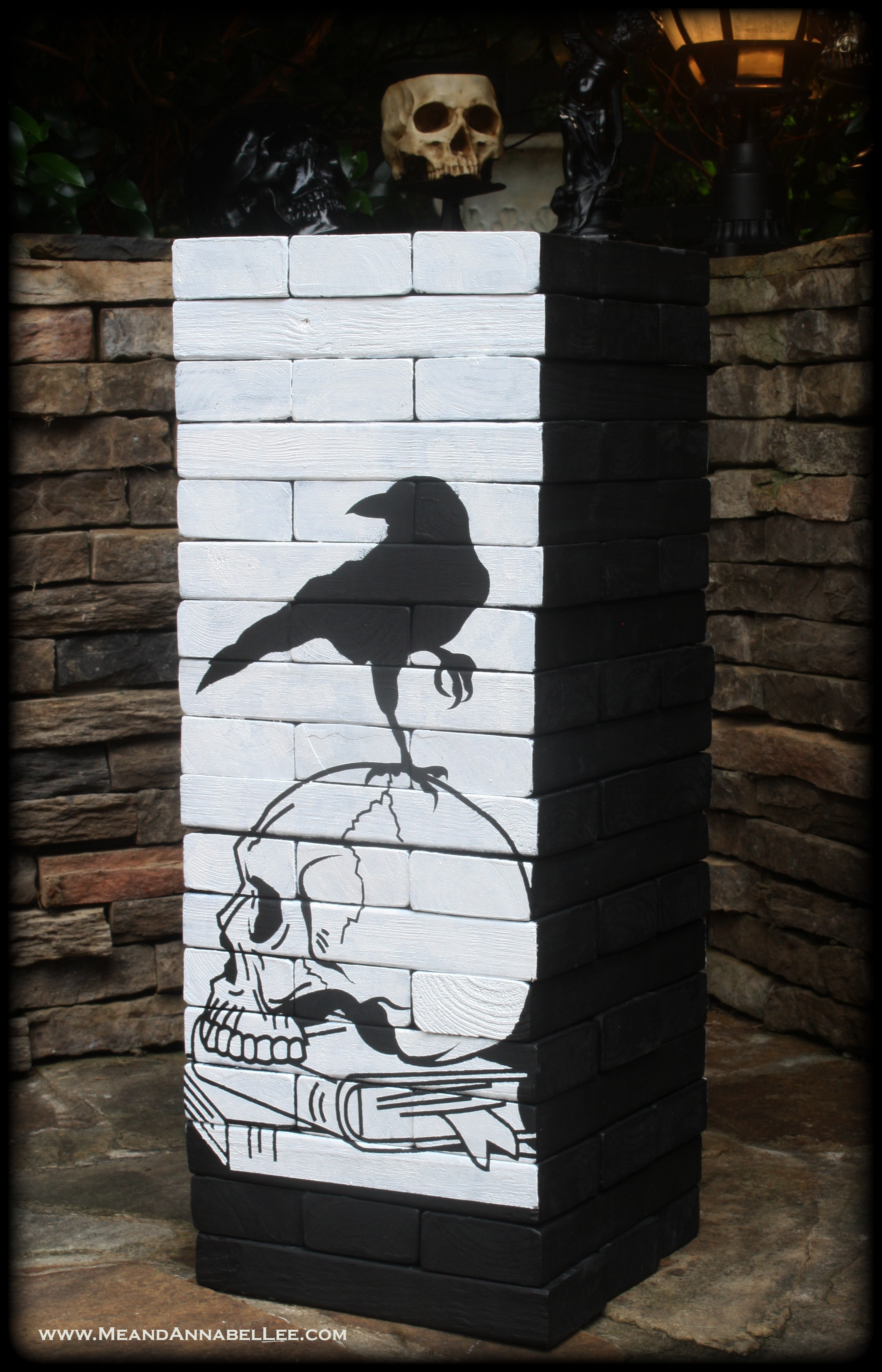DIY Edgar Allan Poe Jumbo Jenga | The Raven and Skull | How to Build a Jenga | Gothic Yard Games | Cricut Tutorial | www.MeandAnnabelLee.com