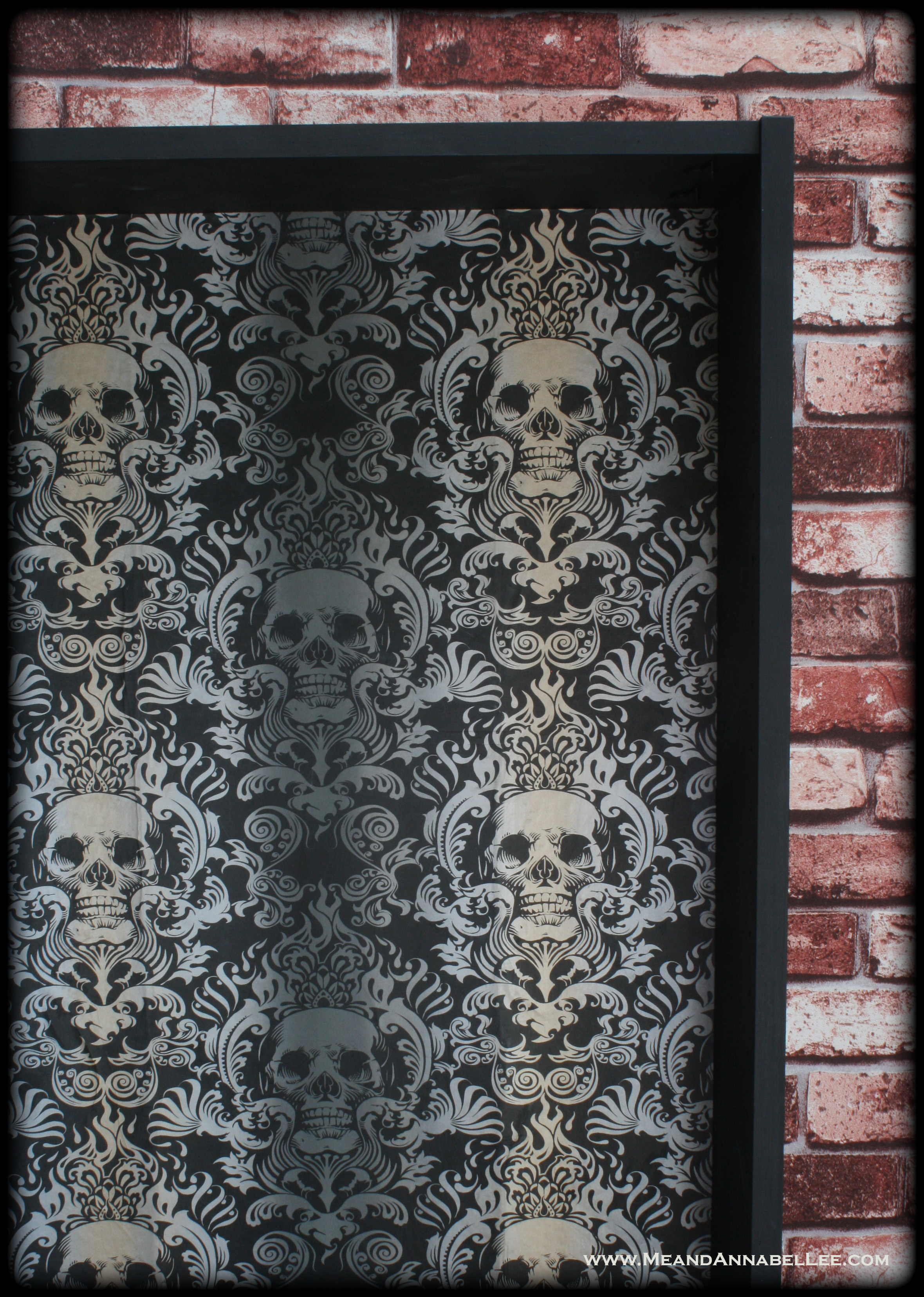 Black & Gold Baroque Skull Wallpaper | How to Apply to a Book Case | Goth Home Decor | www.MeandAnnabelLee.com