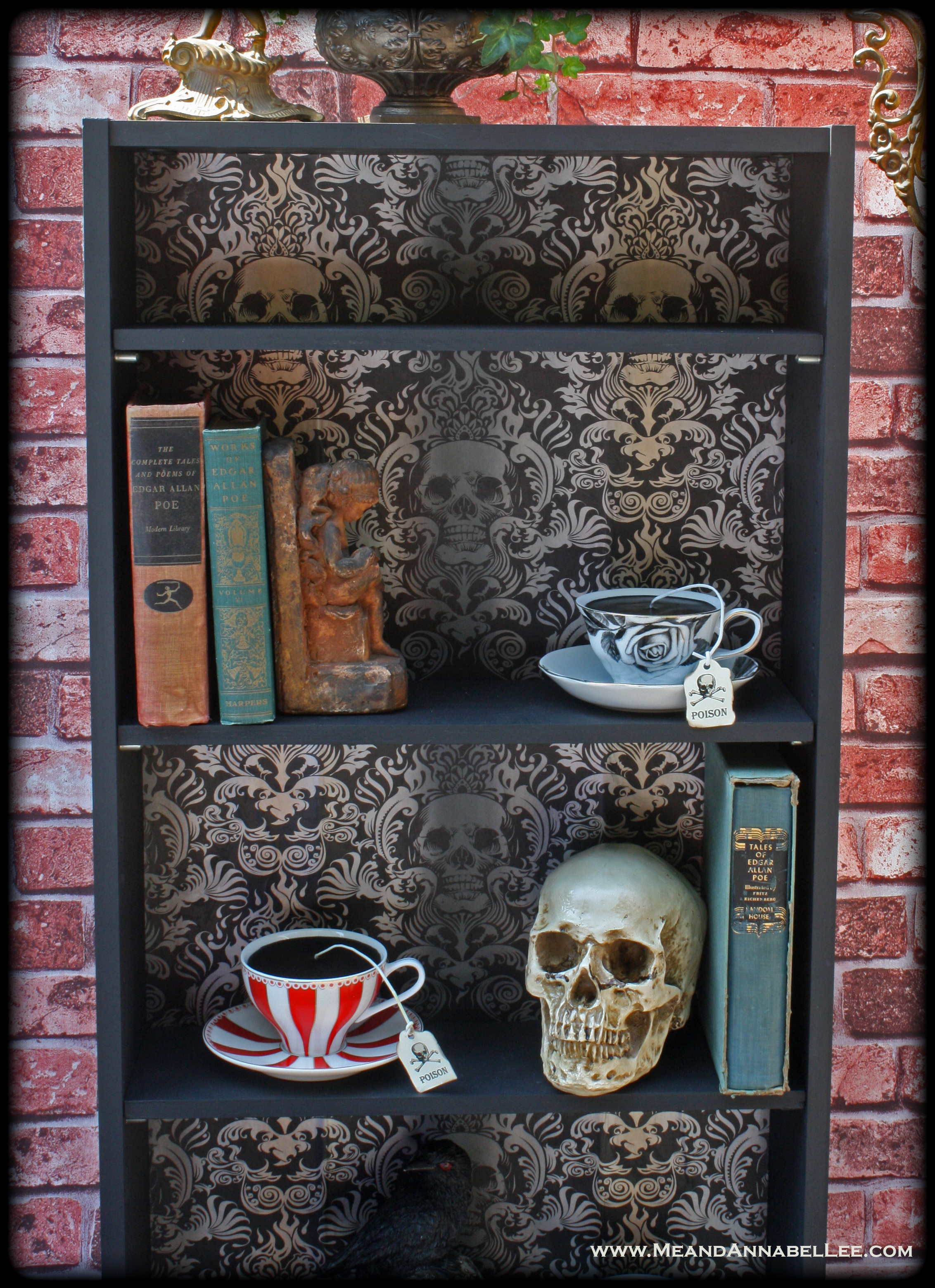 DIY Gothic Skull Bookcase | Black & Gold Baroque Skull Wallpaper | How to Apply to a Book Shelf | Goth Home Decor | www.MeandAnnabelLee.com