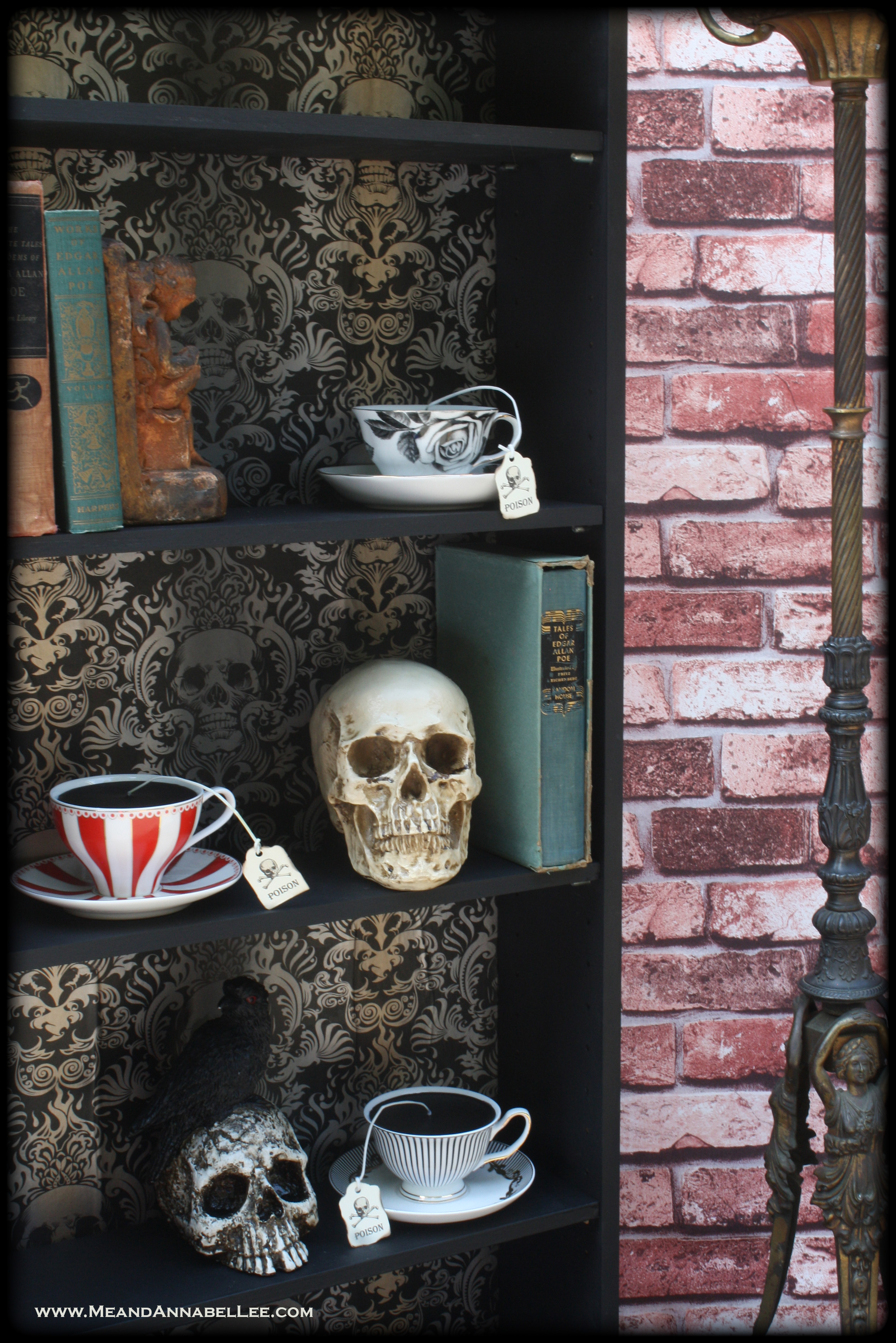 DIY Gothic Skull Bookcase | Black & Gold Baroque Skull Wallpaper | How to Apply to a Book Shelf | Goth Home Decor | www.MeandAnnabelLee.com