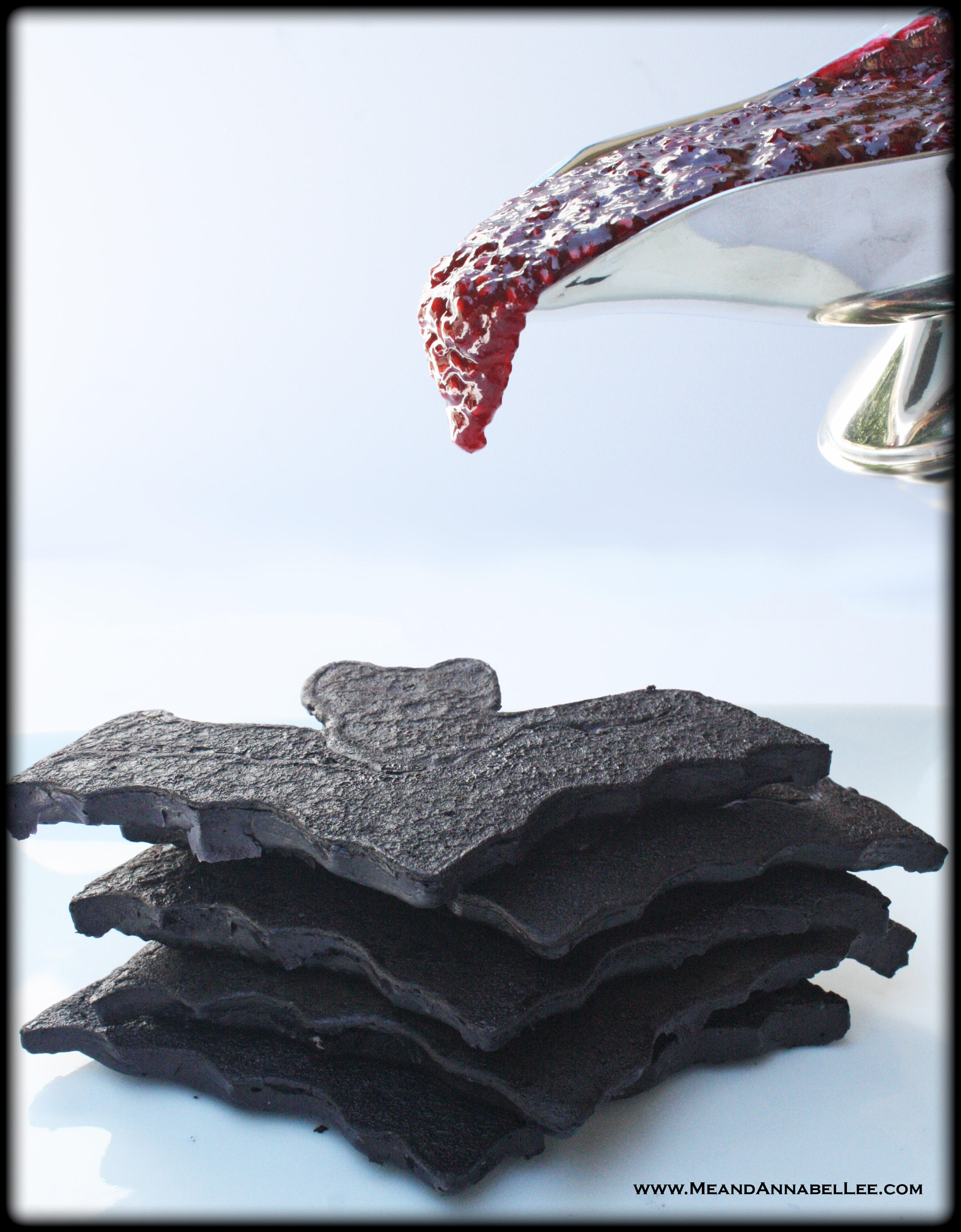 Black Bat Pancakes | Bloody Raspberry Sauce | Halloween Recipes | Vampire Bat Pancake Mold | Goth Baking | www.MeandAnnabelLee.com