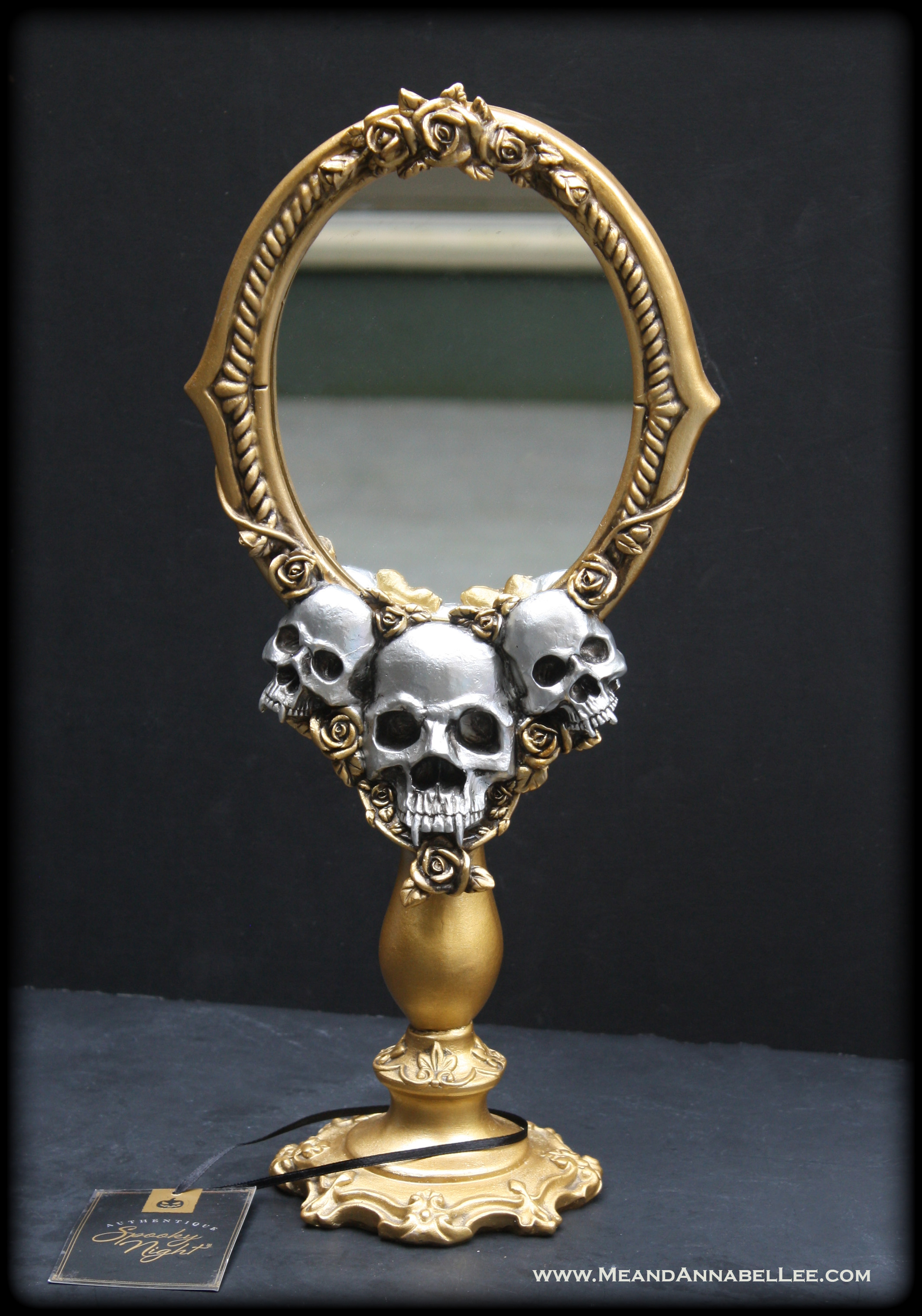 Vampire Skull Vanity Mirror | Halloween Decor | Transform into a Gothic Wedding Reception Table Number | www.MeandAnnabelLee.com