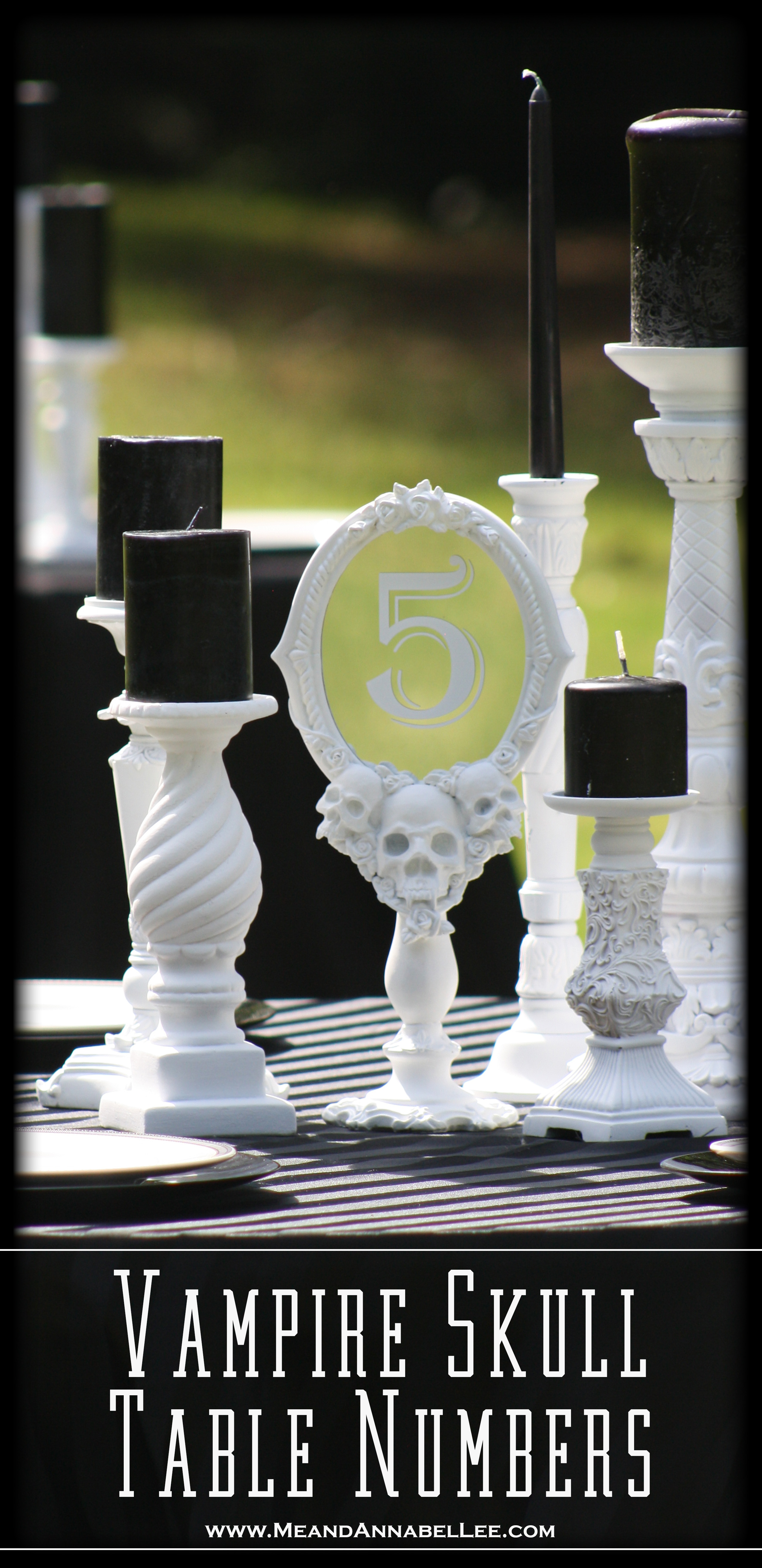 DIY White Vampire Skull Mirror Wedding Table Numbers | Gothic Reception Décor | Black & White Candle Centerpiece | Cricut Design Space Tutorial | Vinyl Numbering | Halloween Nuptials | www.MeandAnnabelLee.com