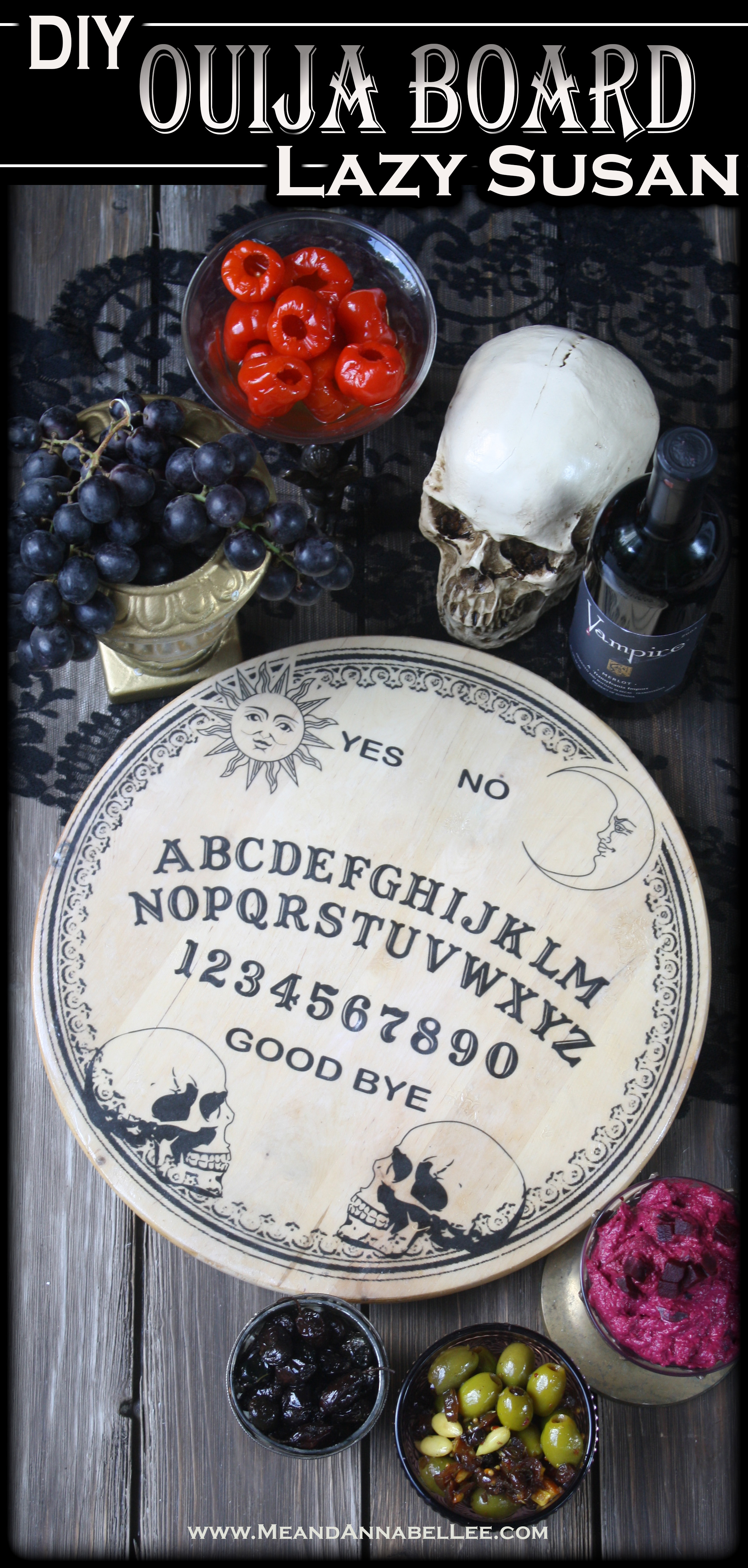 DIY Ouija Board Lazy Susan | Transfer an Image to Wood with Liquitex |Halloween Crafts | Gothic Entertaining |Skulls, Sun & Moon | Goth Home Décor | www.MeandAnnabelLee.com
