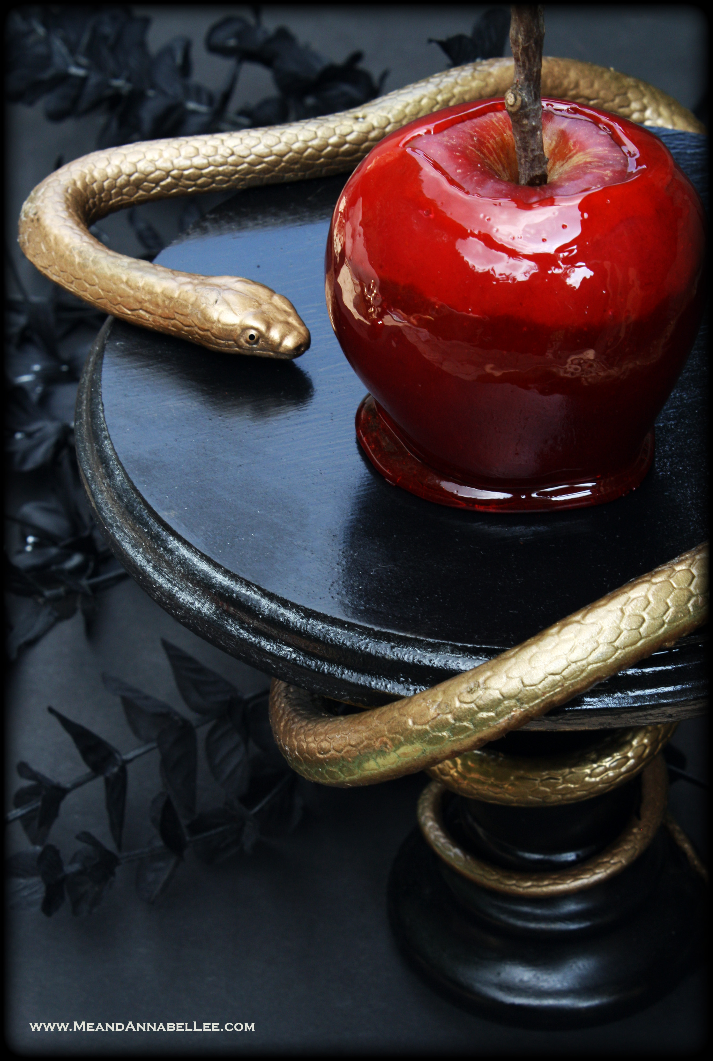 DIY Snake Cake Stand | Black and Gold Serpent Dessert Display Pedestal | Poisonous Apple | Goth Home Decor | Halloween Decor Crafts | www.MeandAnnabelLee.com
