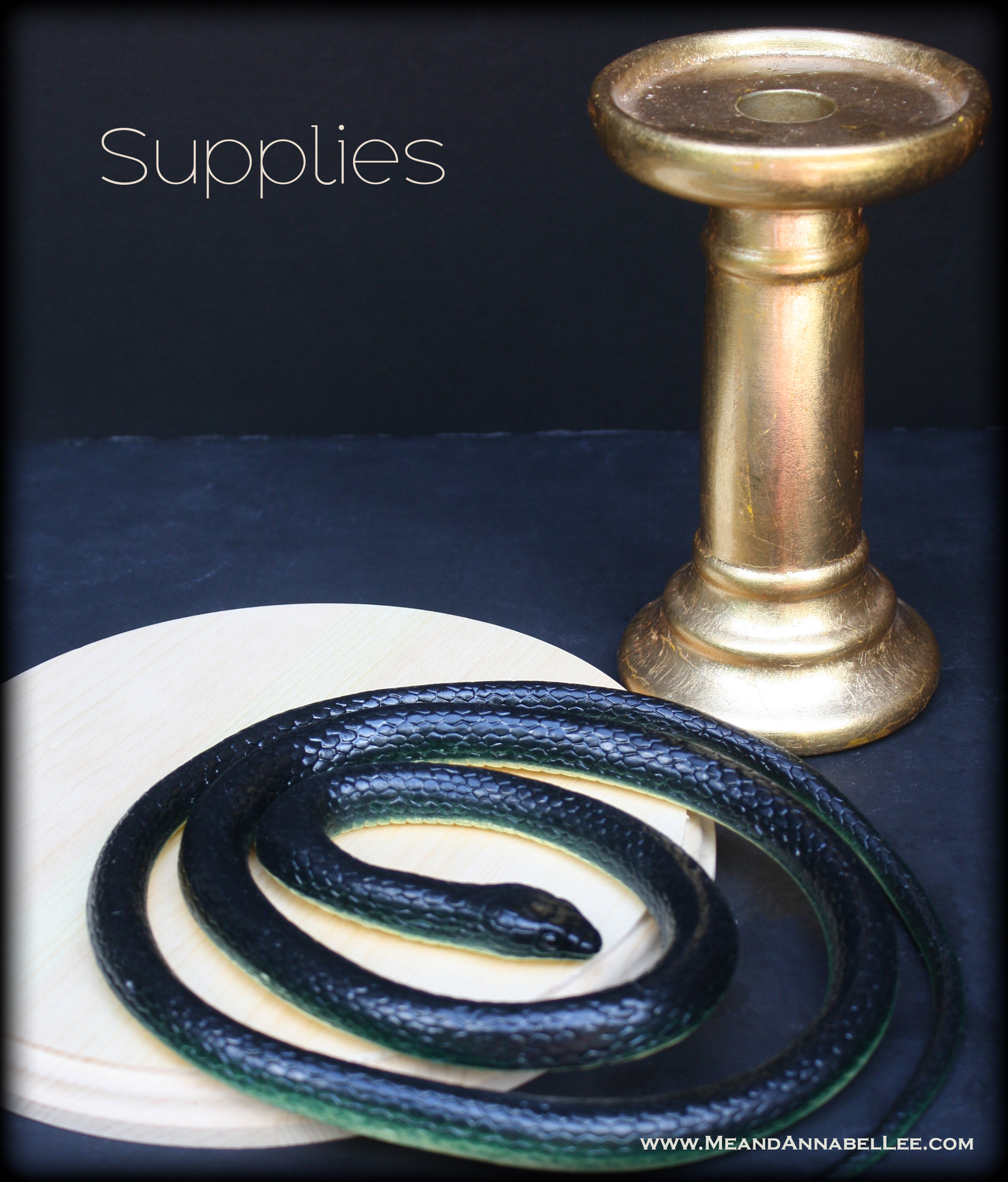 How to make a Snake Cake Stand - Supply List | Halloween Crafts | www.MeandAnnabelLee.com