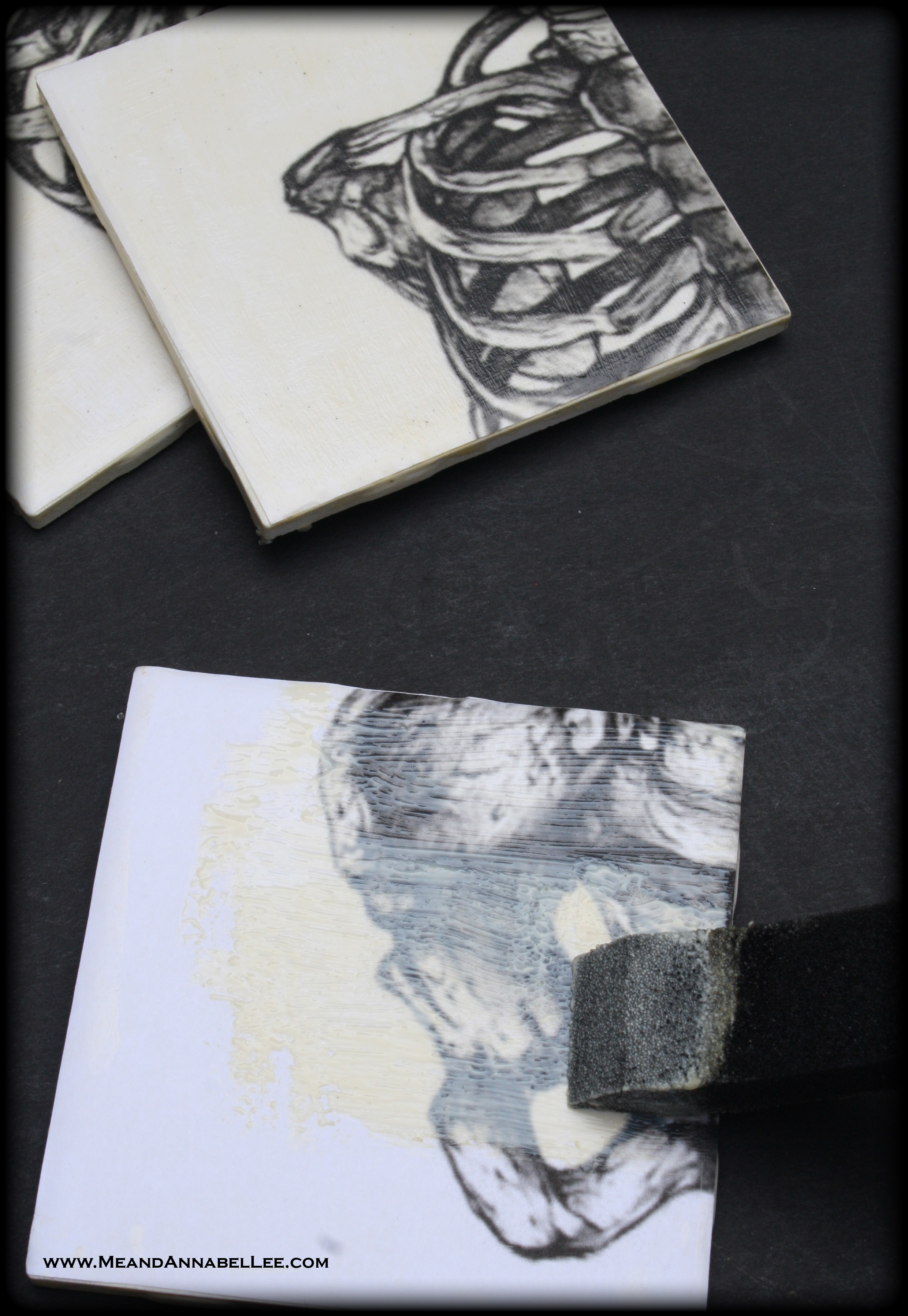 How to transform white wall tiles into Gothic DIY Skeleton Coasters with Antique Mod Podge | www.MeandAnnabelLee.com