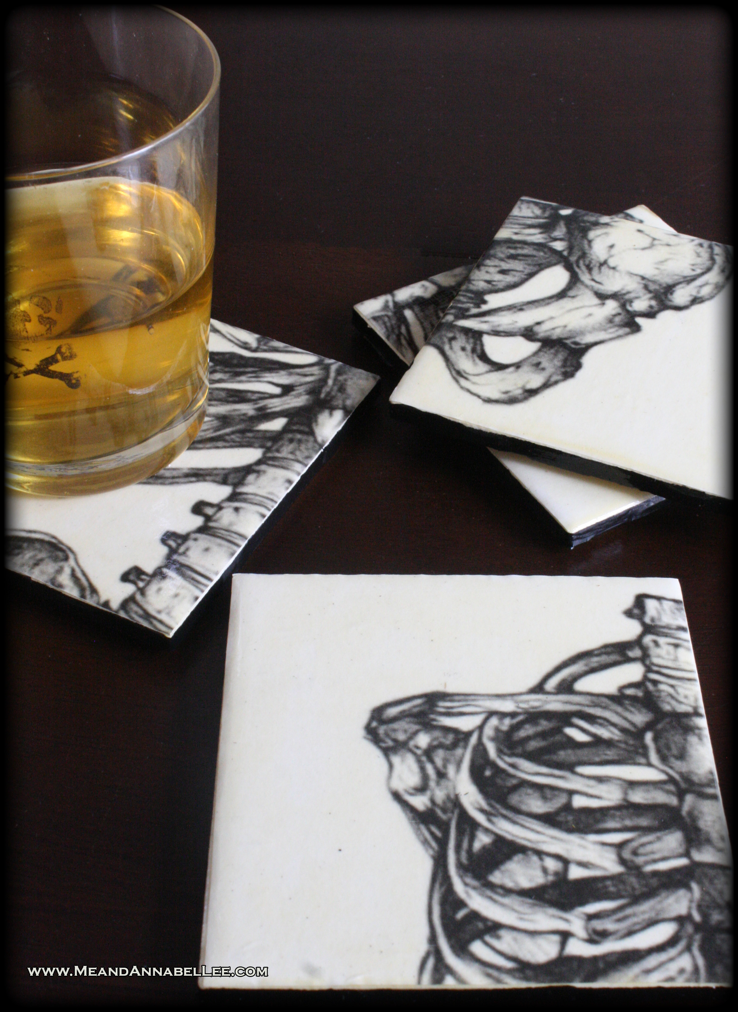 Transform 4 x 4 Wall Tiles into Gothic Drink Coasters | Skeletal Torso Puzzle | Goth it Yourself | Anatomical Skeleton Image Transfer | www.MeandAnnabelLee.com