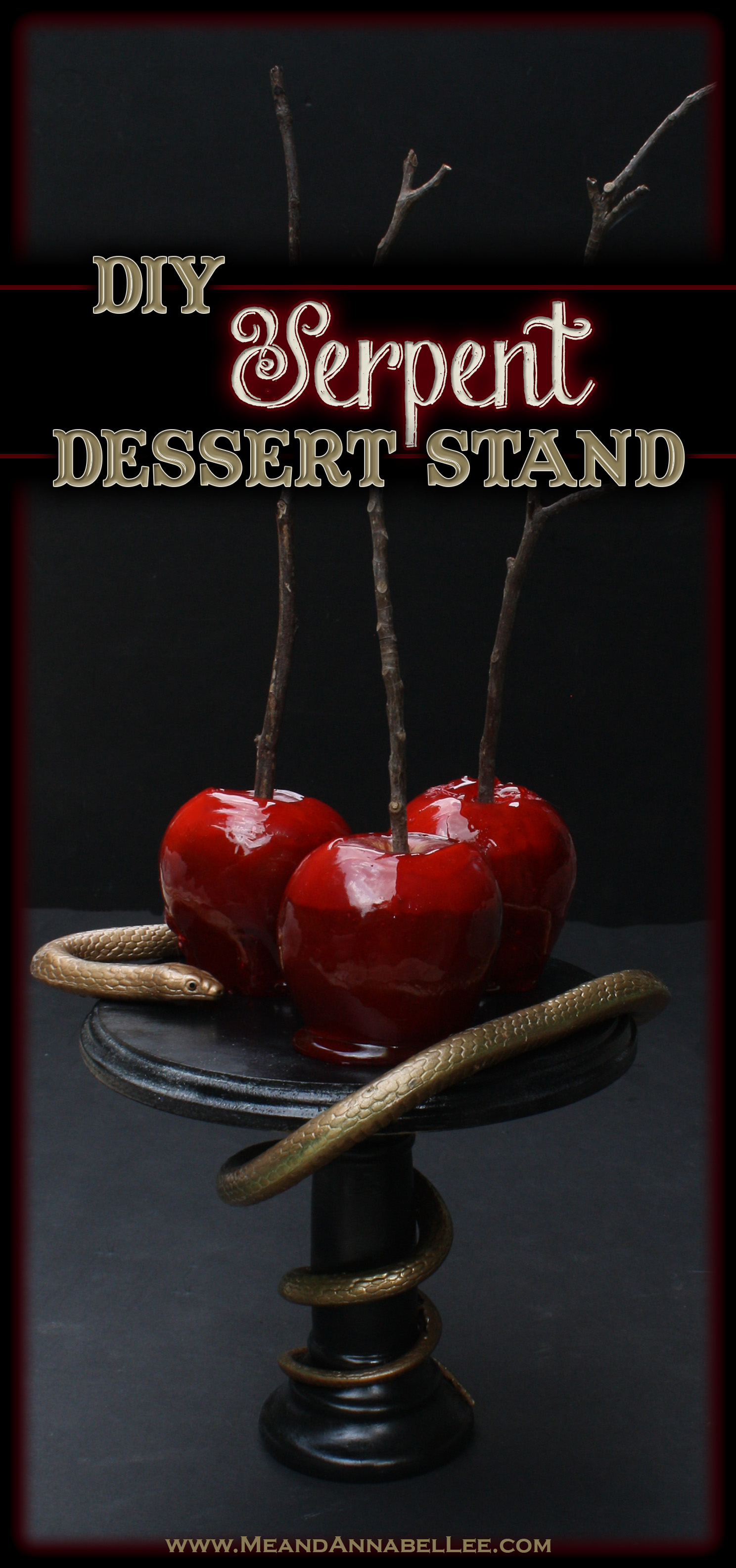 DIY Snake Cake Stand | Goth it Yourself | Black and Gold Serpent Dessert Display Pedestal | Forbidden Fruit | Candied Poisonous Apple | Halloween Party Decoration | www.MeandAnnabelLee.com