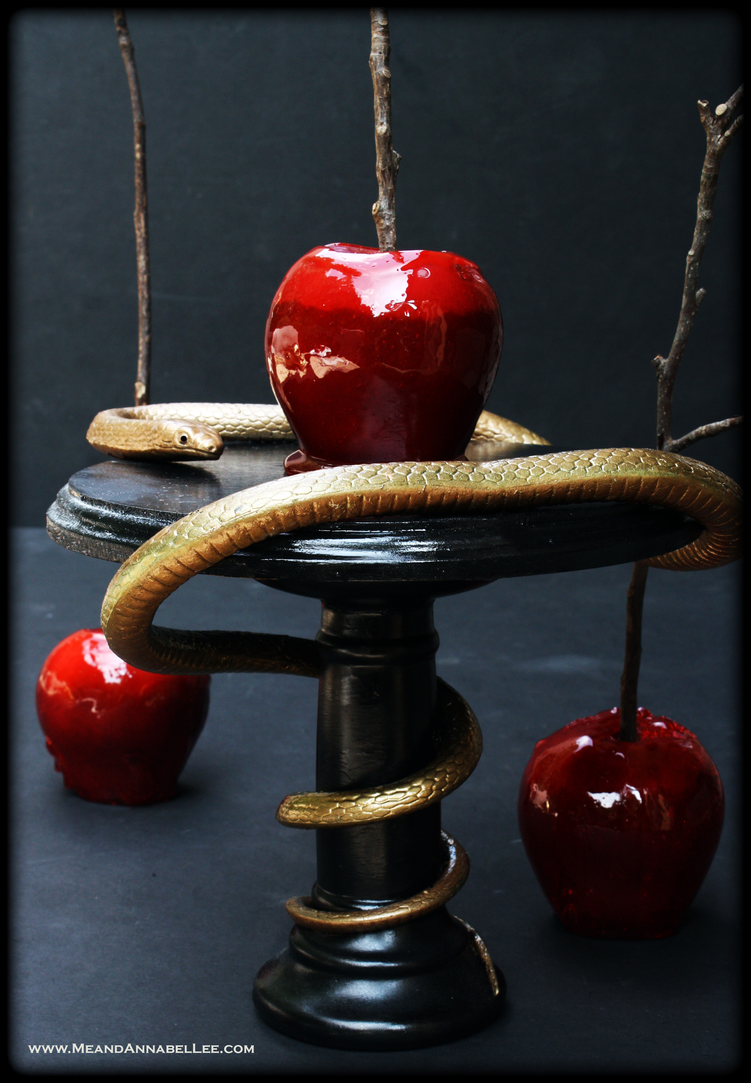 DIY Snake Cake Stand | Goth it Yourself | Black and Gold Serpent Dessert Display Pedestal | Halloween Party Decoration | Poisonous Apple | www.MeandAnnabelLee.com