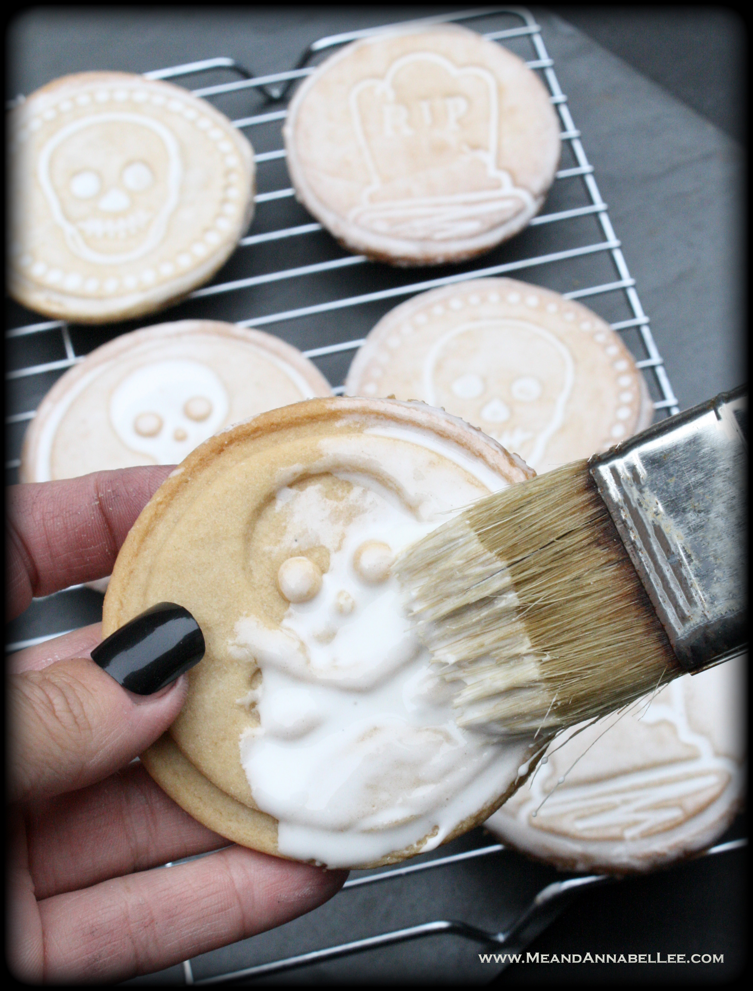 Halloween Stamped Cookies | Rest in Peace | Skull Stamps | Almond Vanilla Sugar Cookie Recipe | Royal Flood Icing | www.MeandAnnabelLee.com