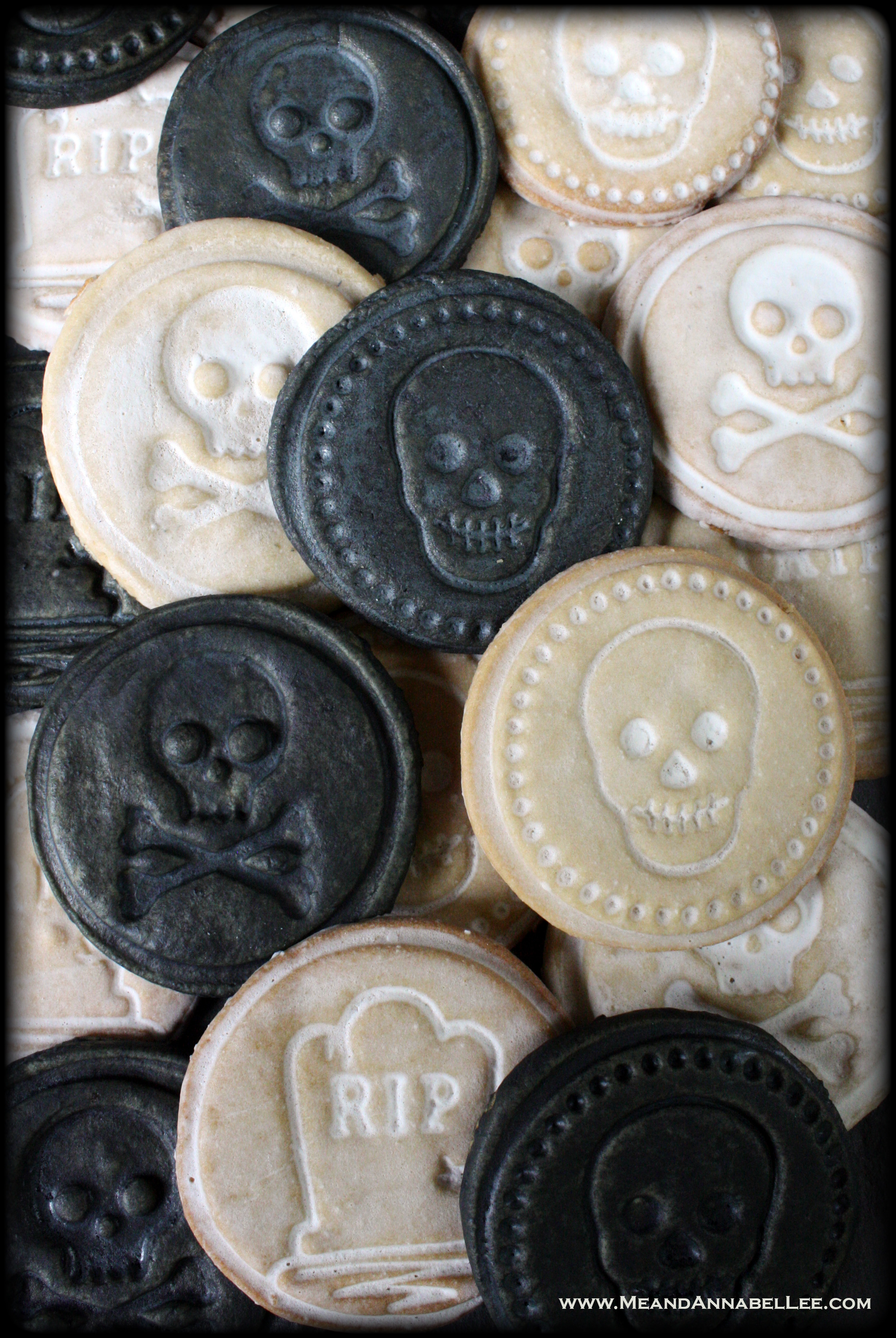 Halloween Cookie Stamps | Skulls and Crossbones and Tombstones| Black and White Almond Vanilla Sugar Cookie Recipe | www.MeandAnnabelLee.com