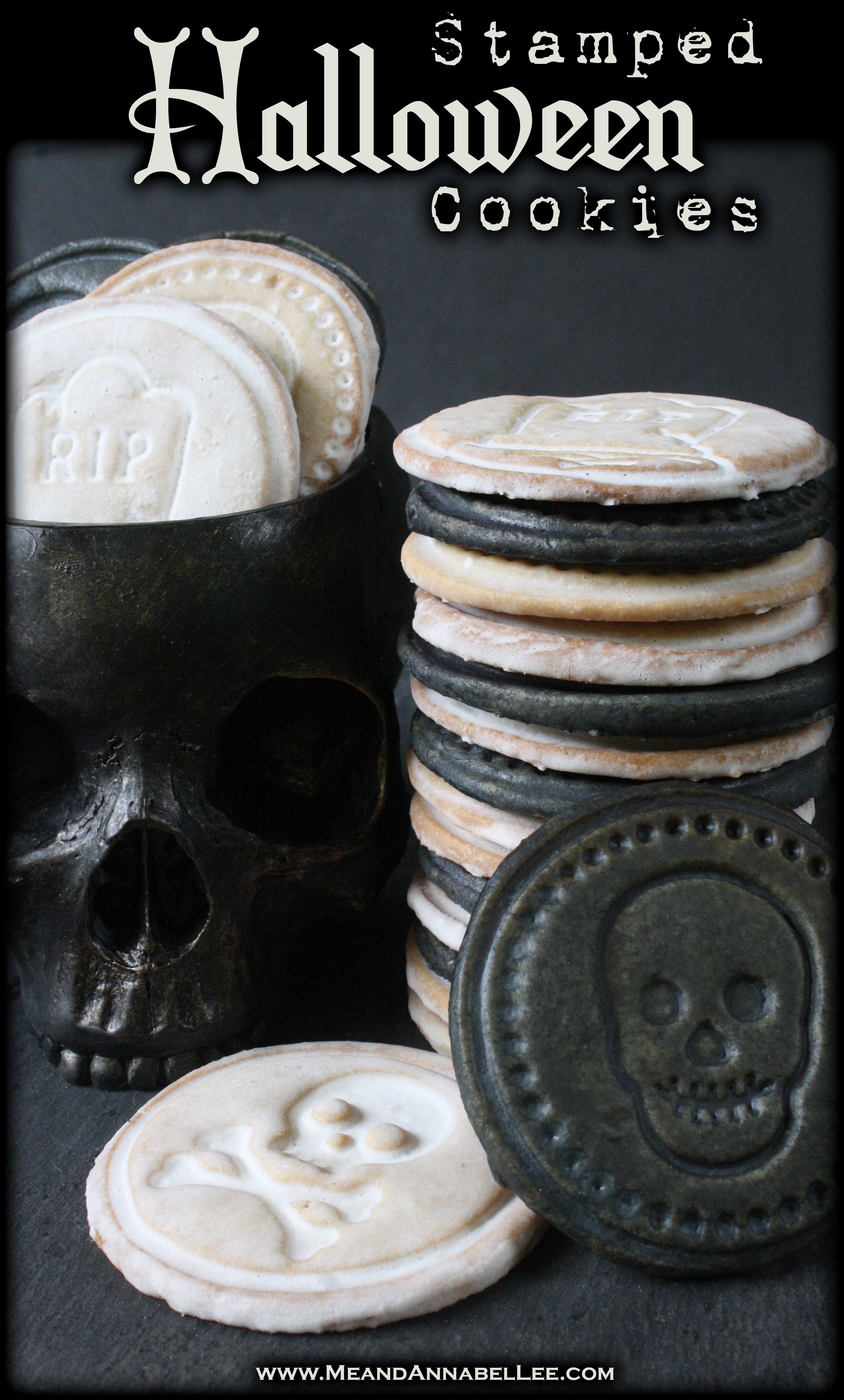 Halloween Cookie Stamps | Skulls and Crossbones and RIP Tombstones| Gothic Treats | Almond Vanilla Sugar Cookie Recipe | Black and White Iced Cookies | Royal Flood Icing | www.MeandAnnabelLee.com