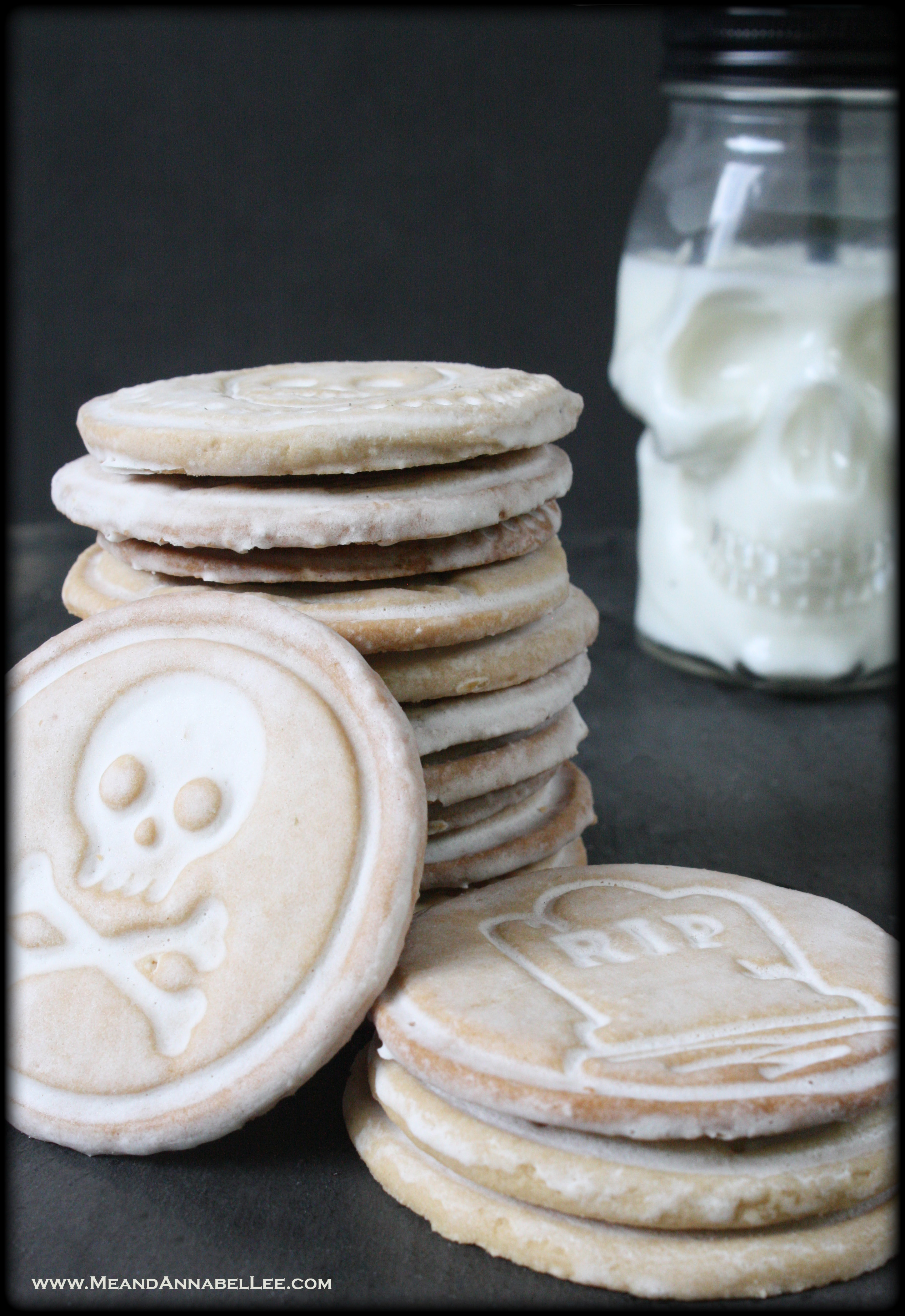 Halloween Stamped Cookies | Rest in Peace | Skull Stamps | Almond Vanilla Sugar Cookie Recipe | Royal Flood Icing | www.MeandAnnabelLee.com