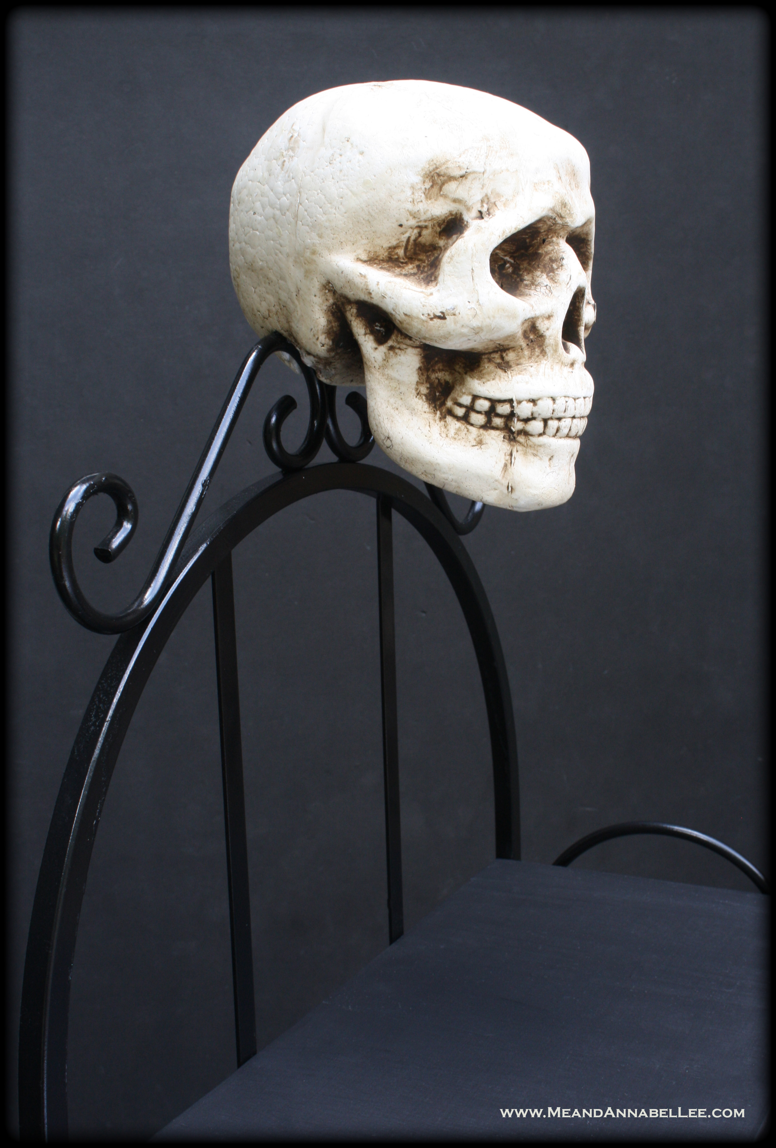 DIY Gothic Skull Baker’s Rack Shelf | Goth It Yourself Home Décor | Trash to Treasure | Halloween Prop | www.MeandAnnabelLee.com