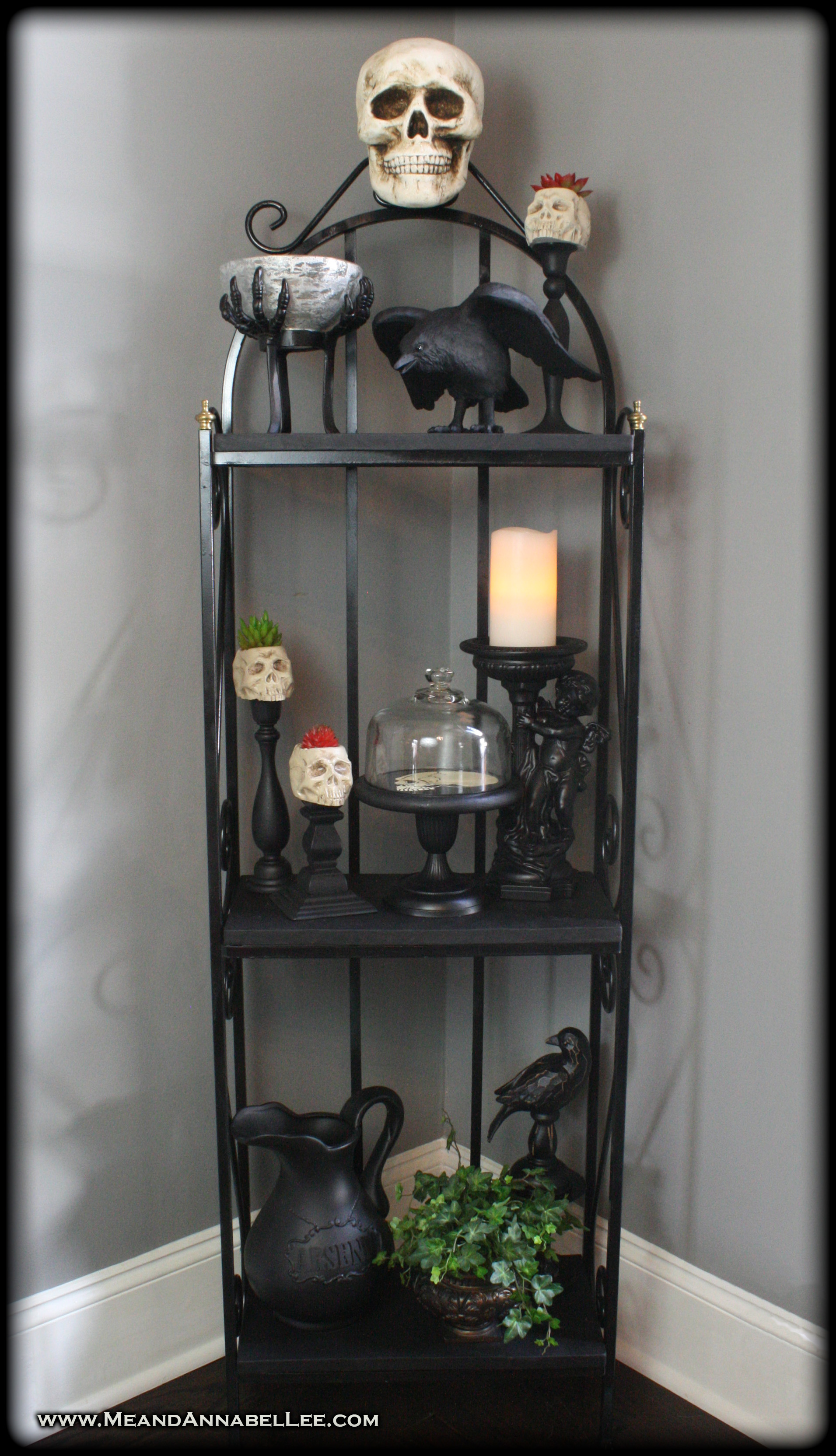 DIY Gothic Skull Baker’s Rack Shelf | Goth It Yourself Home Décor | Trash to Treasure | Cabinet of Curiosities and oddities | www.MeandAnnabelLee.com