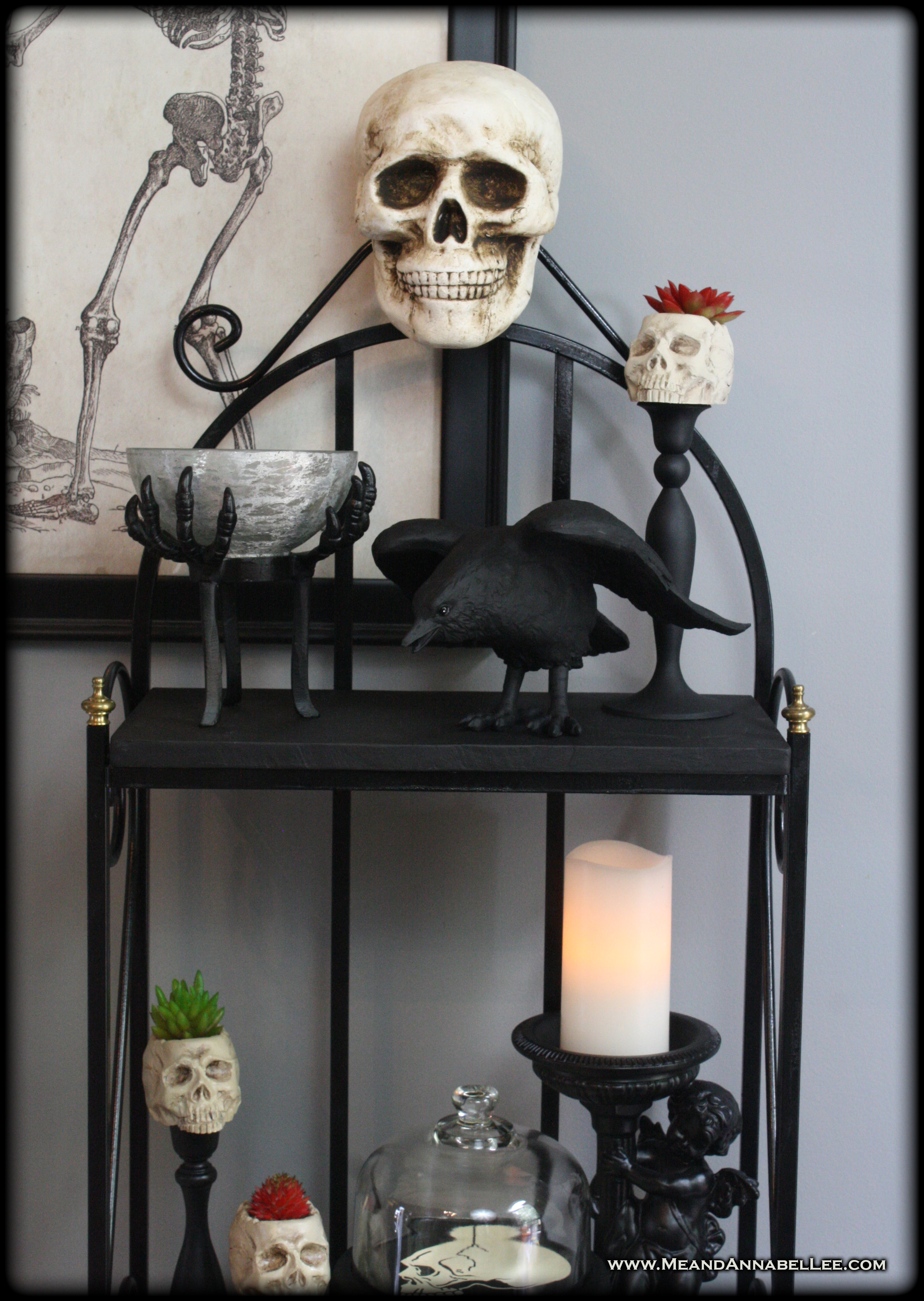 DIY Gothic Skull Baker’s Rack Shelf | Goth It Yourself Home Décor | Trash to Treasure | Cabinet of Curiosities and oddities | www.MeandAnnabelLee.com