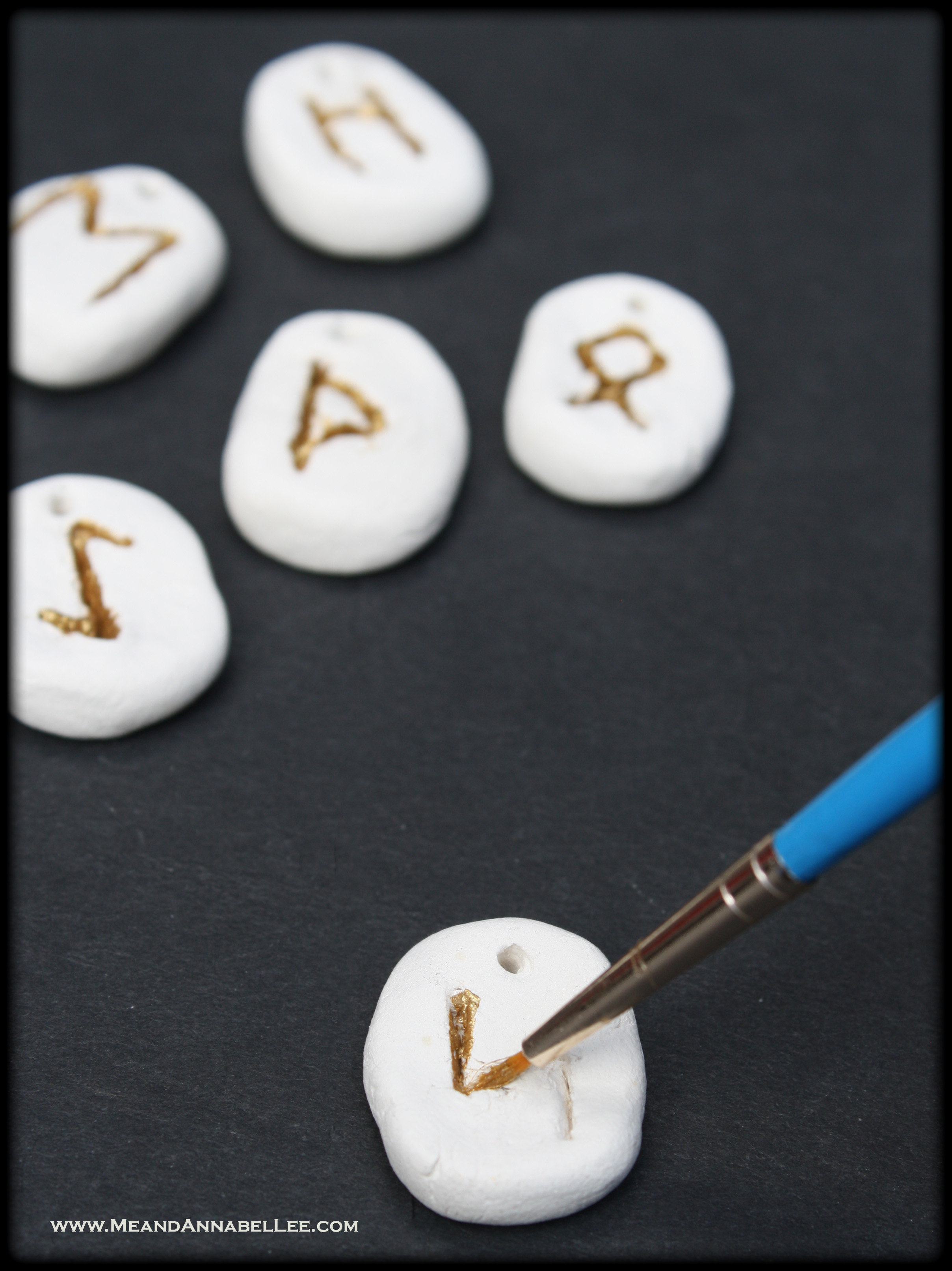 DIY Rune Stone Wine Charms | How to paint and engrave the Runic Alphabet into Paper Clay | Pagan Divination Tool | www.MeandAnnabelLee.com