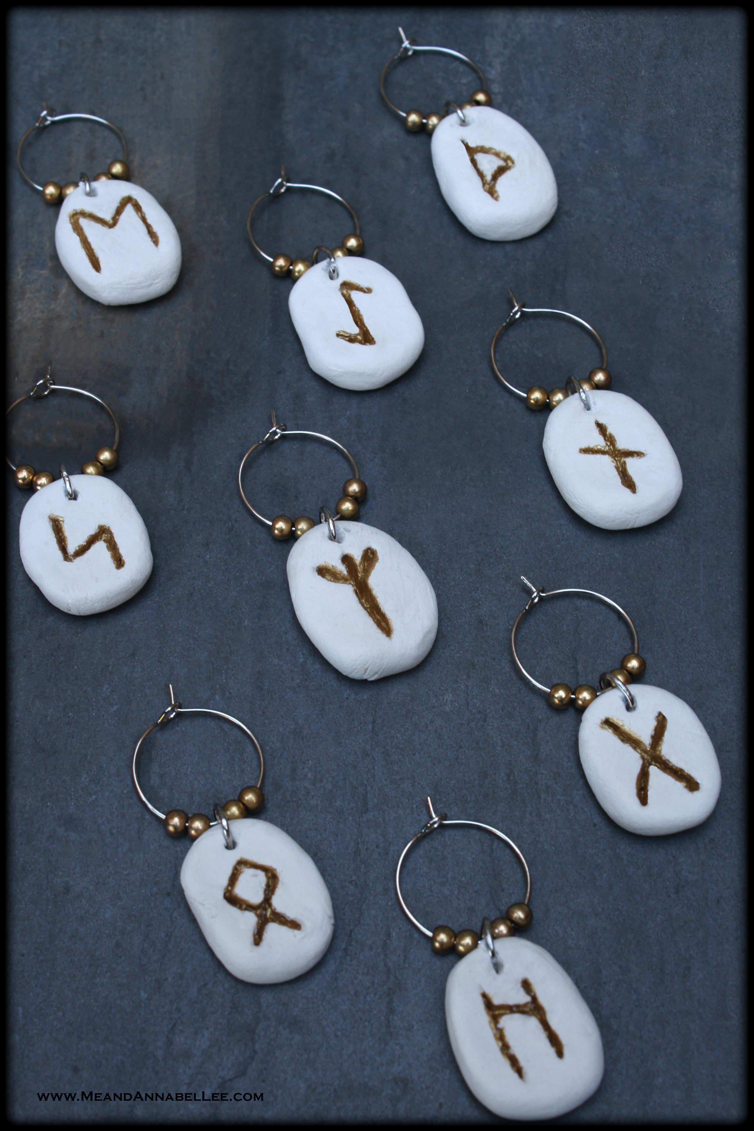 DIY Rune Stone Wine Charms | Pagan Divination Tools | Witches Halloween Party | Paper Clay | Runic Alphabet | www.MeandAnnabelLee.com