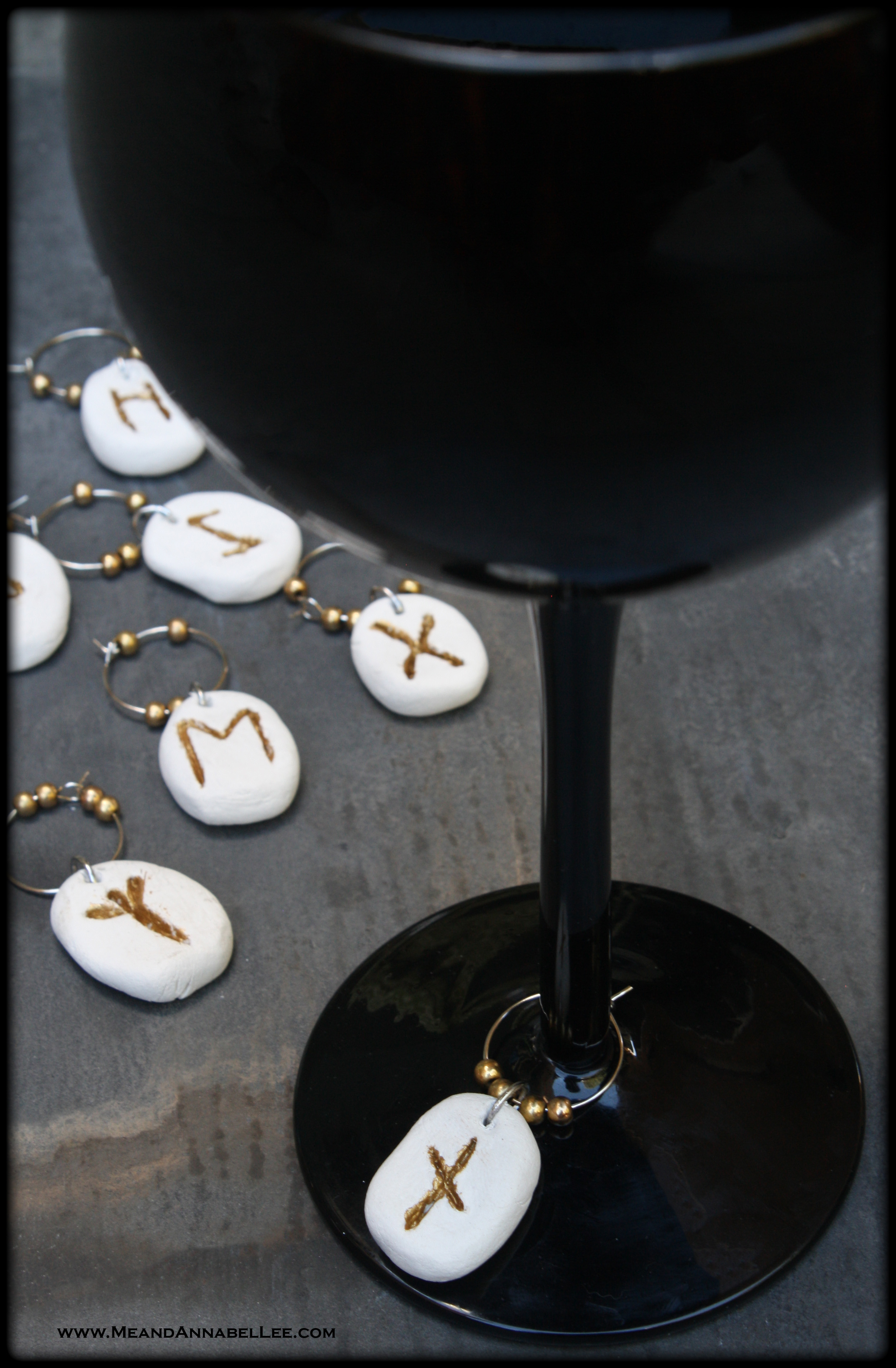 DIY Rune Stone Wine Glass Charms | Pagan Divination Tools | Witches Halloween Party | Paper Clay | Runic Alphabet | www.MeandAnnabelLee.com