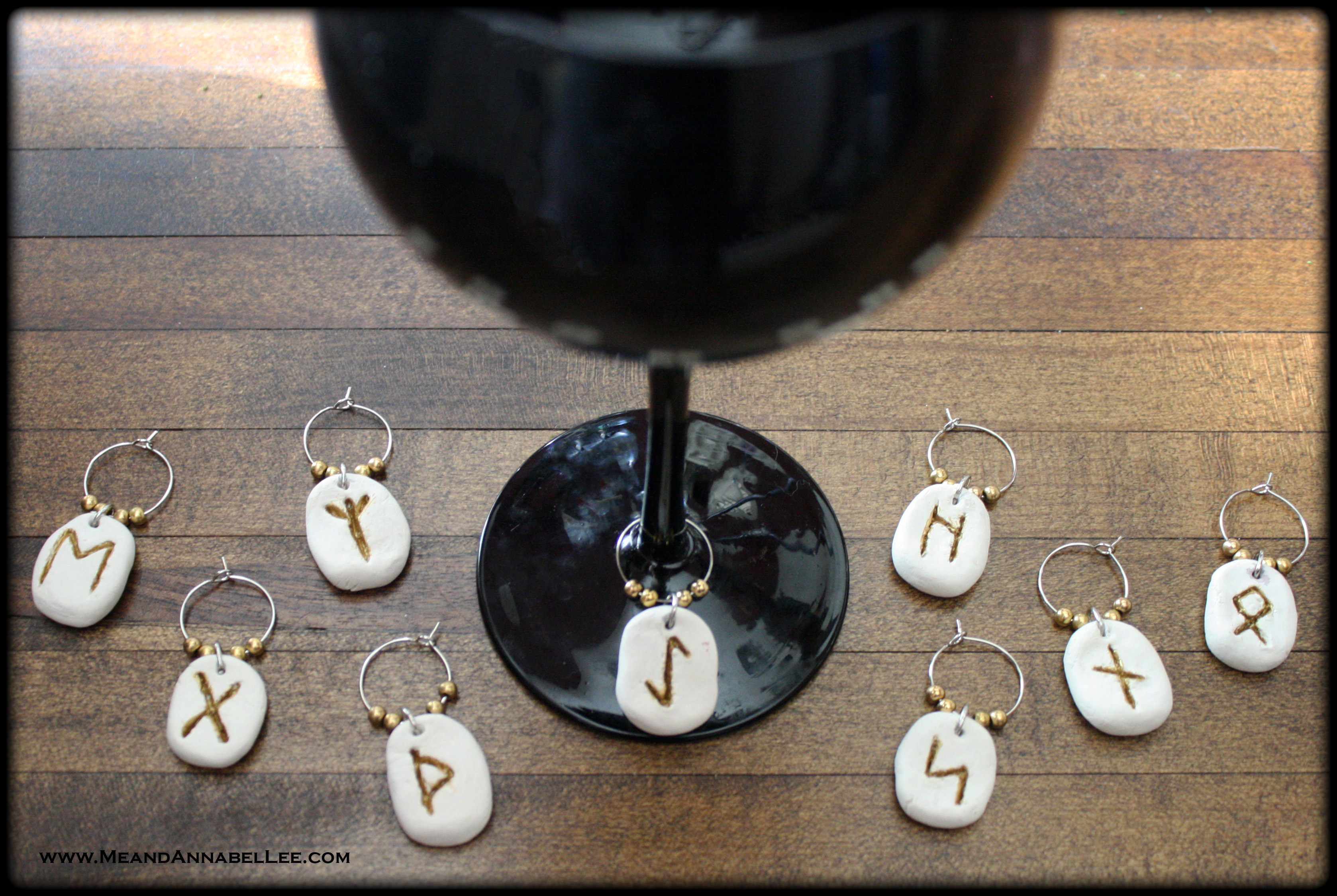 DIY Rune Stone Wine Glass Charms | Pagan Divination Tools | Witchcraft Dinner Party and Table Setting | Halloween Crafts | Paper Clay | www.MeandAnnabelLee.com