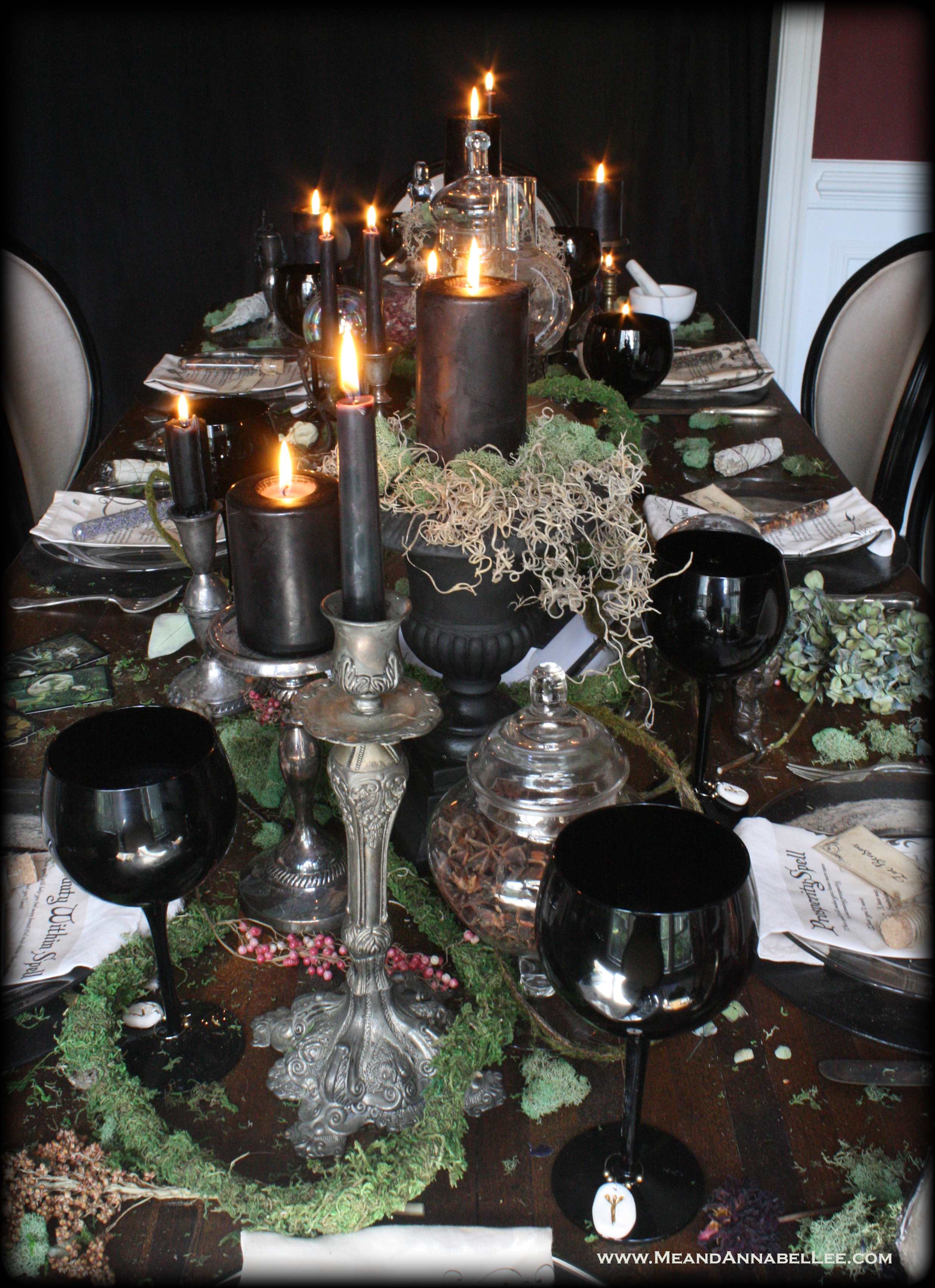 Witches Dinner Party | Elegant Gothic Halloween Table Decor | Candlelit Dinner | Dark & Moody Ambience |Crystal Balls | Apothecary Jars | Spell Napkins | Rune Stone Wine Charms | Antique Candle Holders | Skull Centerpiece | Black Candles | Enchanted Forest | Goth Home Décor | Samhain Feast Menu | www.MeandAnnabelLee.com