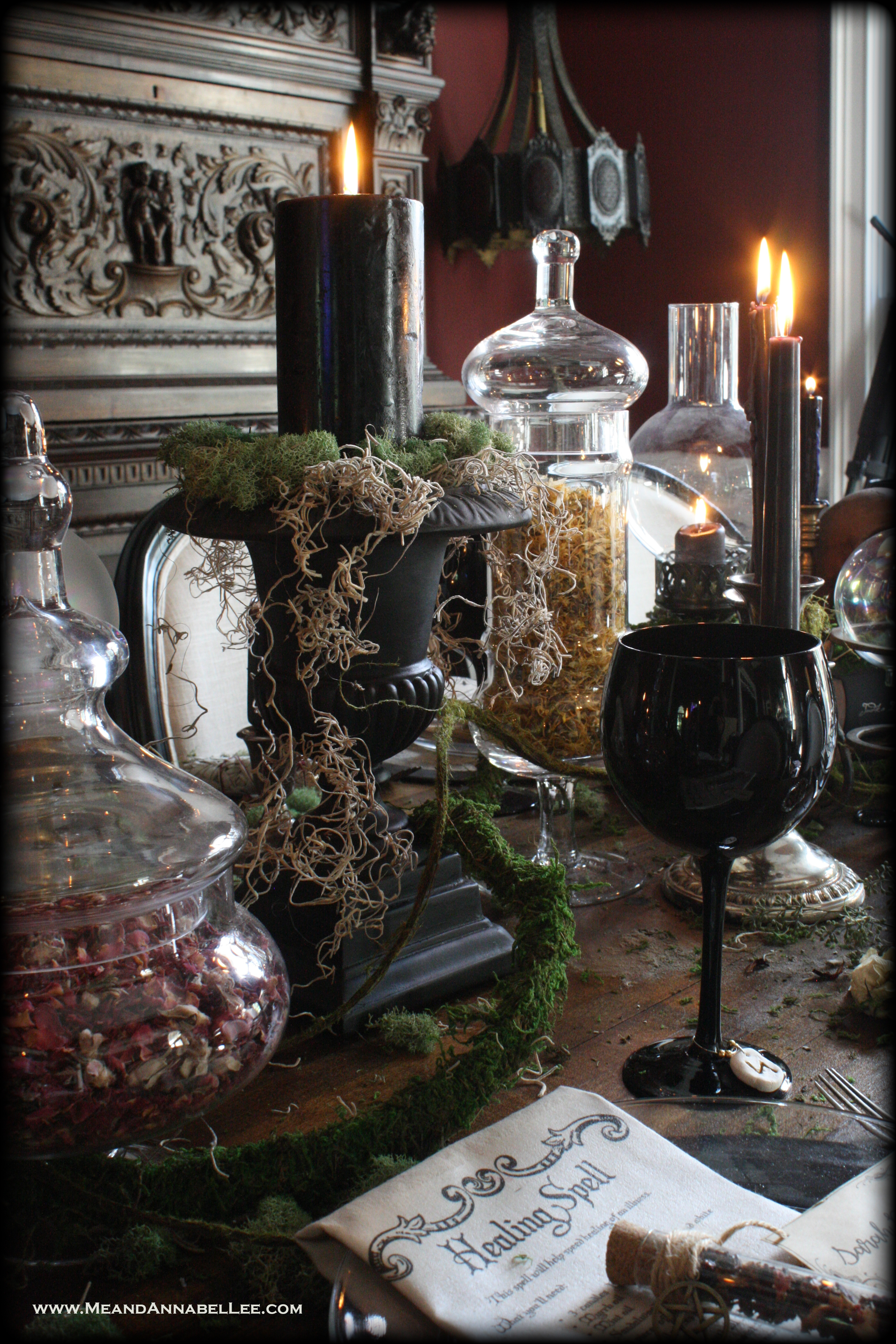 Witches Dinner Party | Apothecary Jars | Table Setting | Herbal Magick | Halloween Table | www.MeandAnnabelLee.com