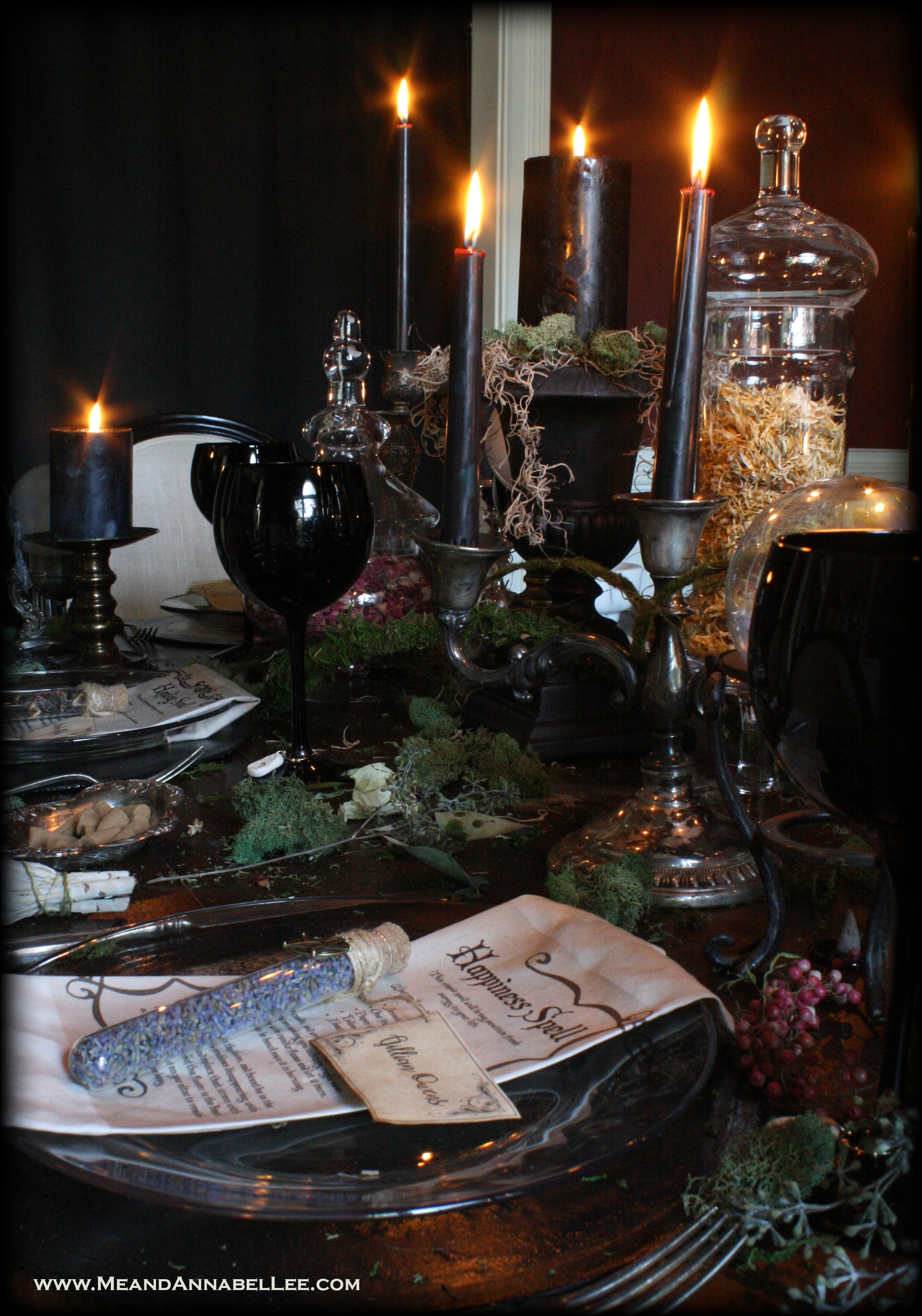 Witches Dinner Party | Tarnished Silver Candelabra | Mixed Metals | Black Candles | Antiques | Apothecary Jars | Spellbinding Place Setting | Natural Witch | Elegant Gothic Halloween | Dark & Moody Ambience | www.MeandAnnabelLee.com