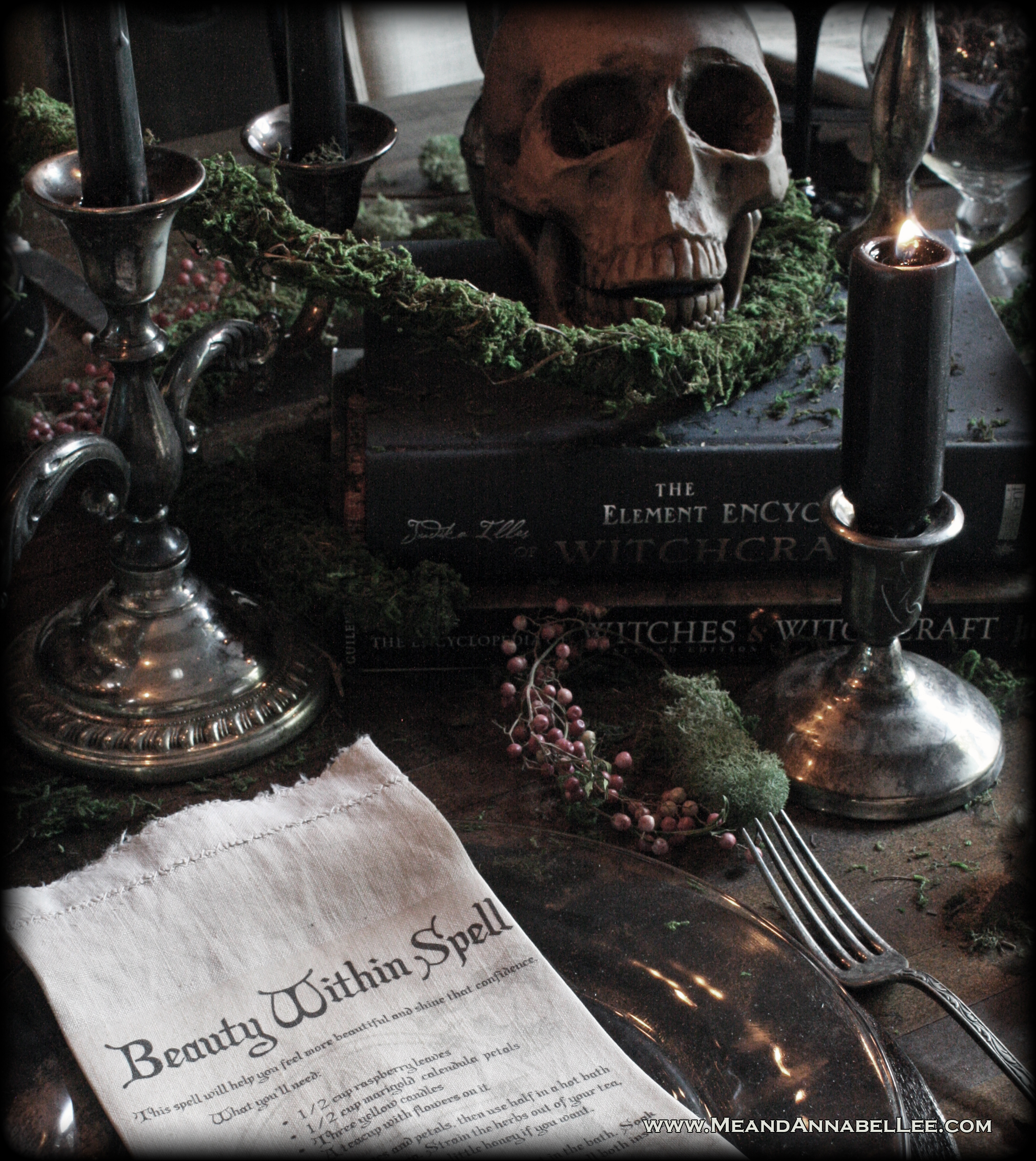 Witches Dinner Party | Witchcraft Books | Antique Gothic Candelabra | Moss Vines | Realistic Skull Prop | Elegant Halloween Table | DIY Spell Napkins | Goth Home Décor | www.MeandAnnabelLee.com