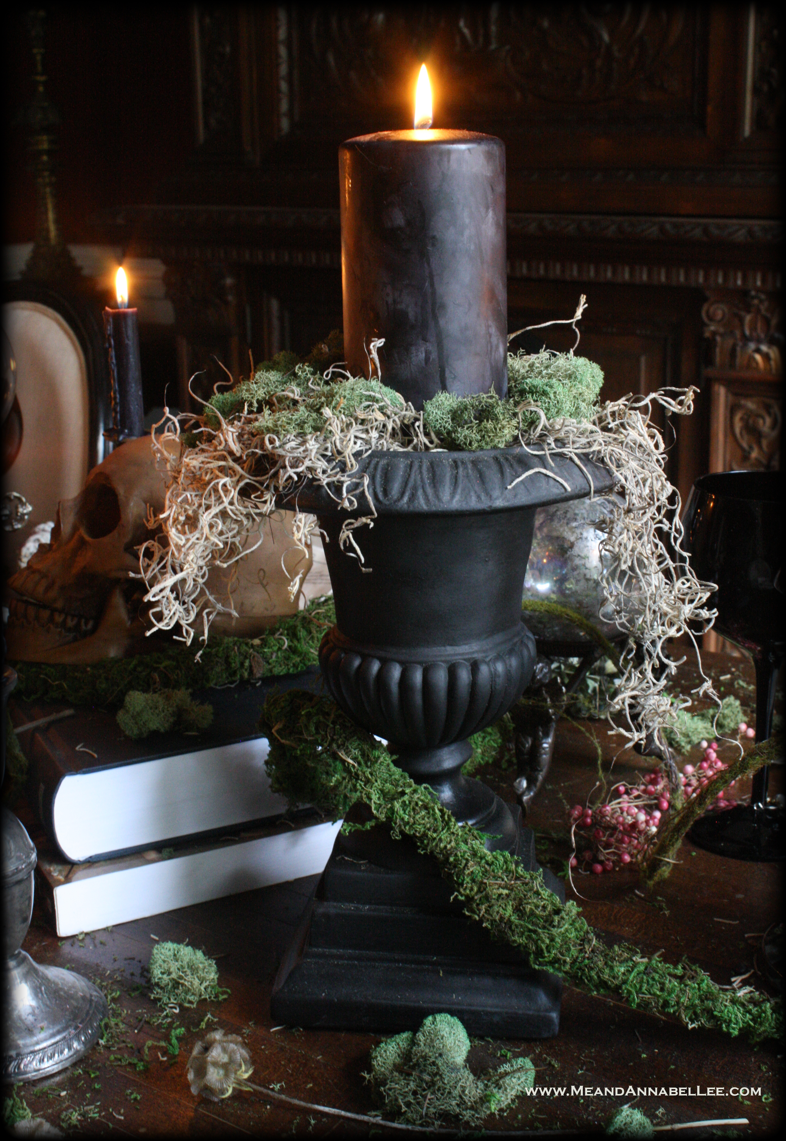 Witches Dinner Party | DIY Black Urns | Spanish Moss | Black Candles | Enchanted Forest | Goth Home Décor | Elegant Halloween Decorations | www.MeandAnnabelLee.com