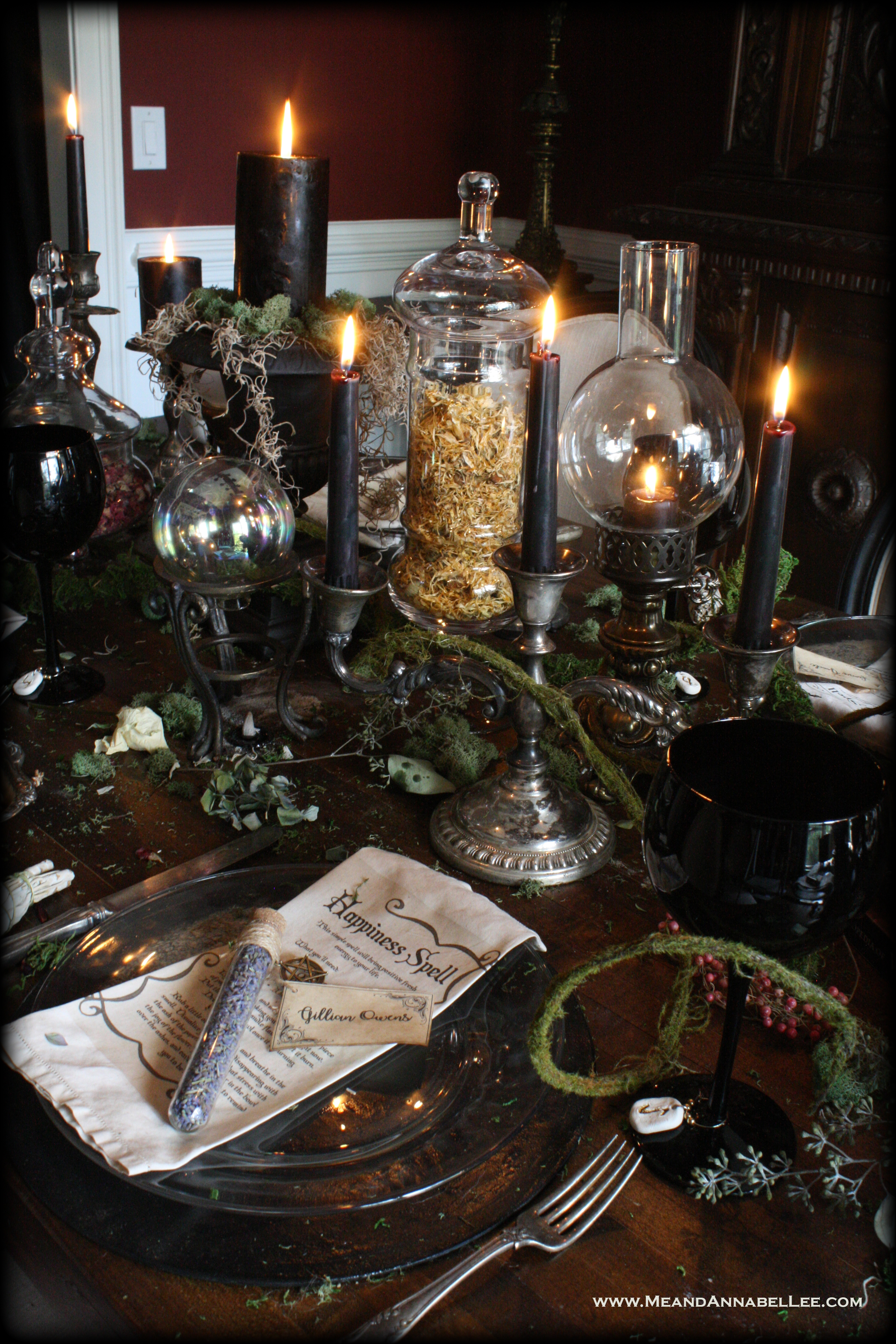 Witches Dinner Party | Antique Gothic Candelabra | Moss Vines | Crystal Balls | Apothecary Jars | Elegant Halloween Table | DIY Spell Napkins | Herbal Tea Favors and Seating Cards | | www.MeandAnnabelLee.com